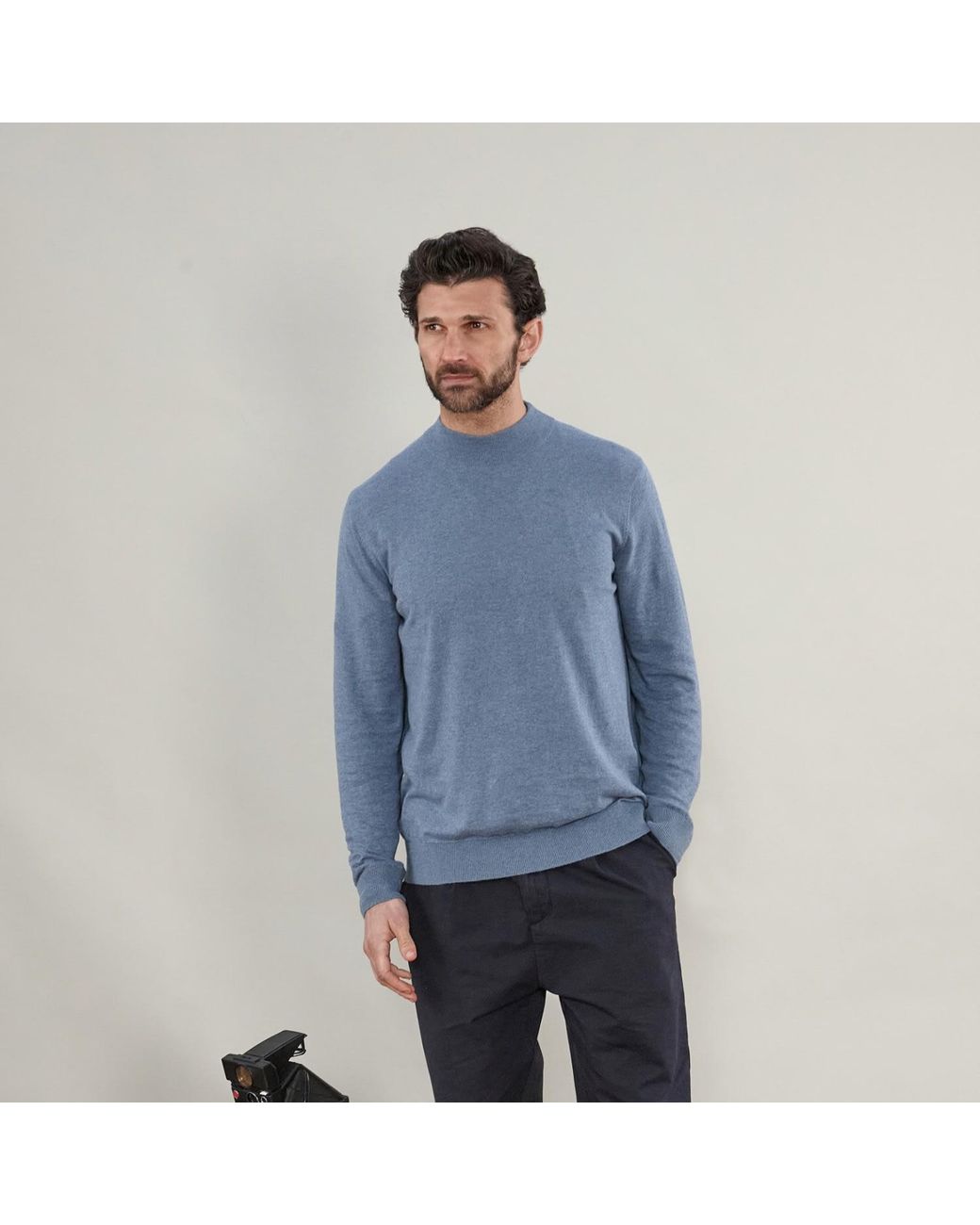 Paul James Knitwear Blue Ultra Fine Cotton Mock Turtle Neck Spencer Jumper for men