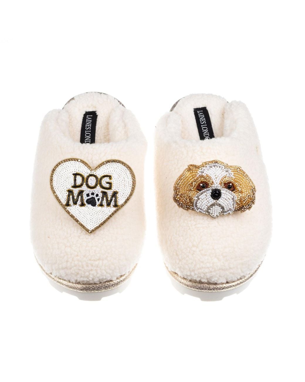 Laines London White Neutrals Teddy Closed Toe Slippers With Dog Mum Mom & & Shih Tzu Brooches