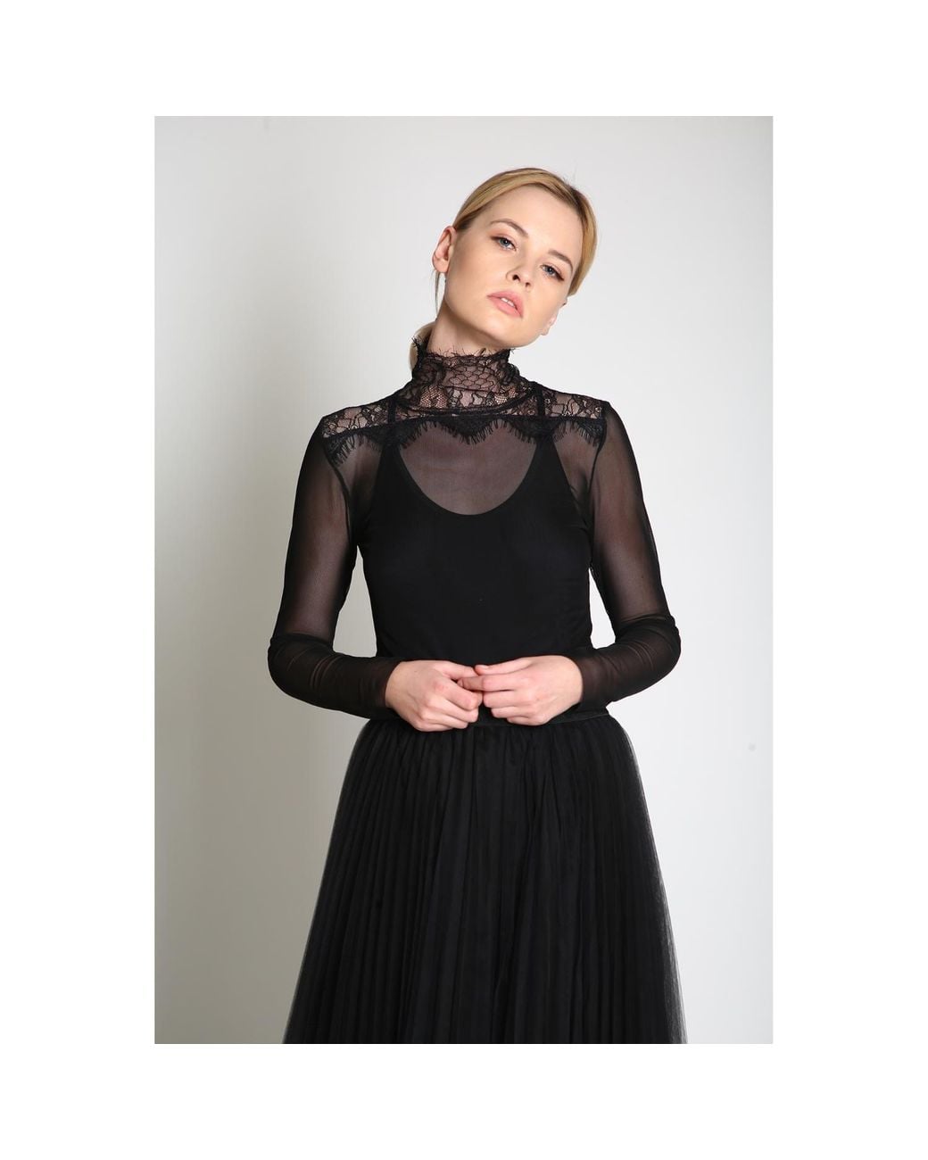 Silvia Serban Black Tulle Blouse With Lace Detail