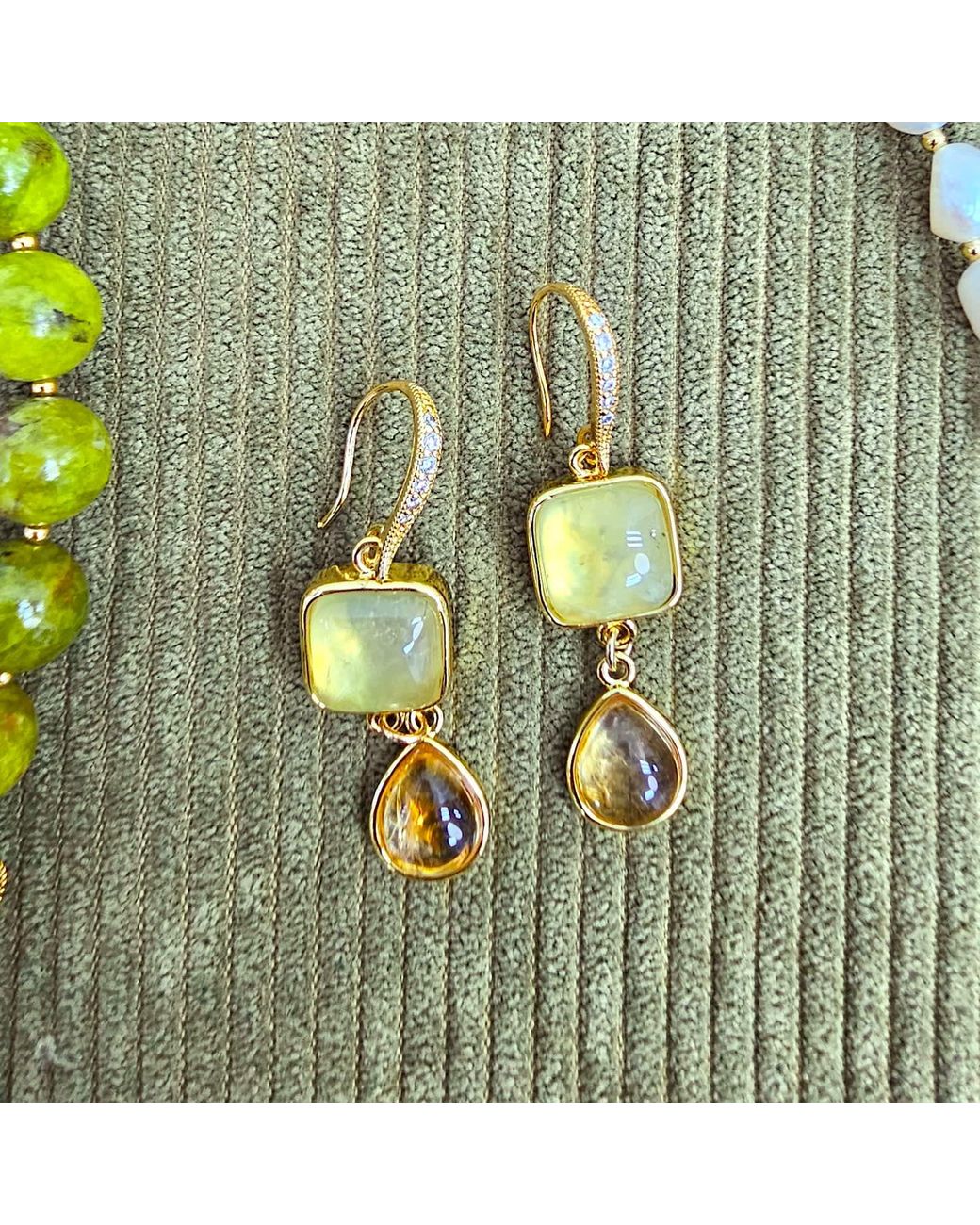 Farra Metallic Prehnite With Teardrop Cotrine Dangle Earrings