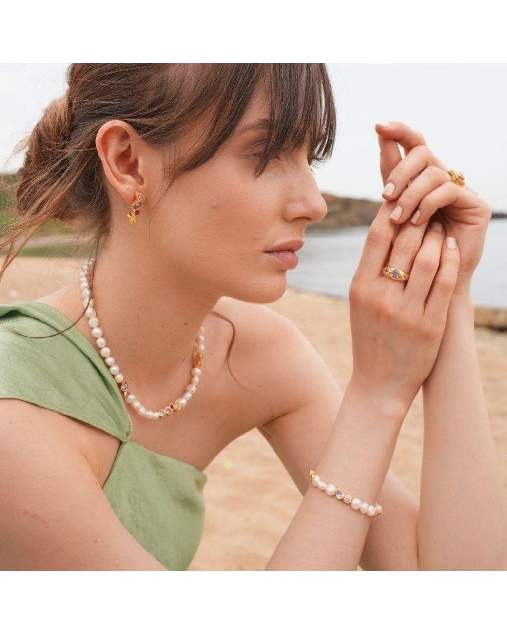 LINYA JEWELLERY Metallic Diana Colorful Stone Pearl Bracelet