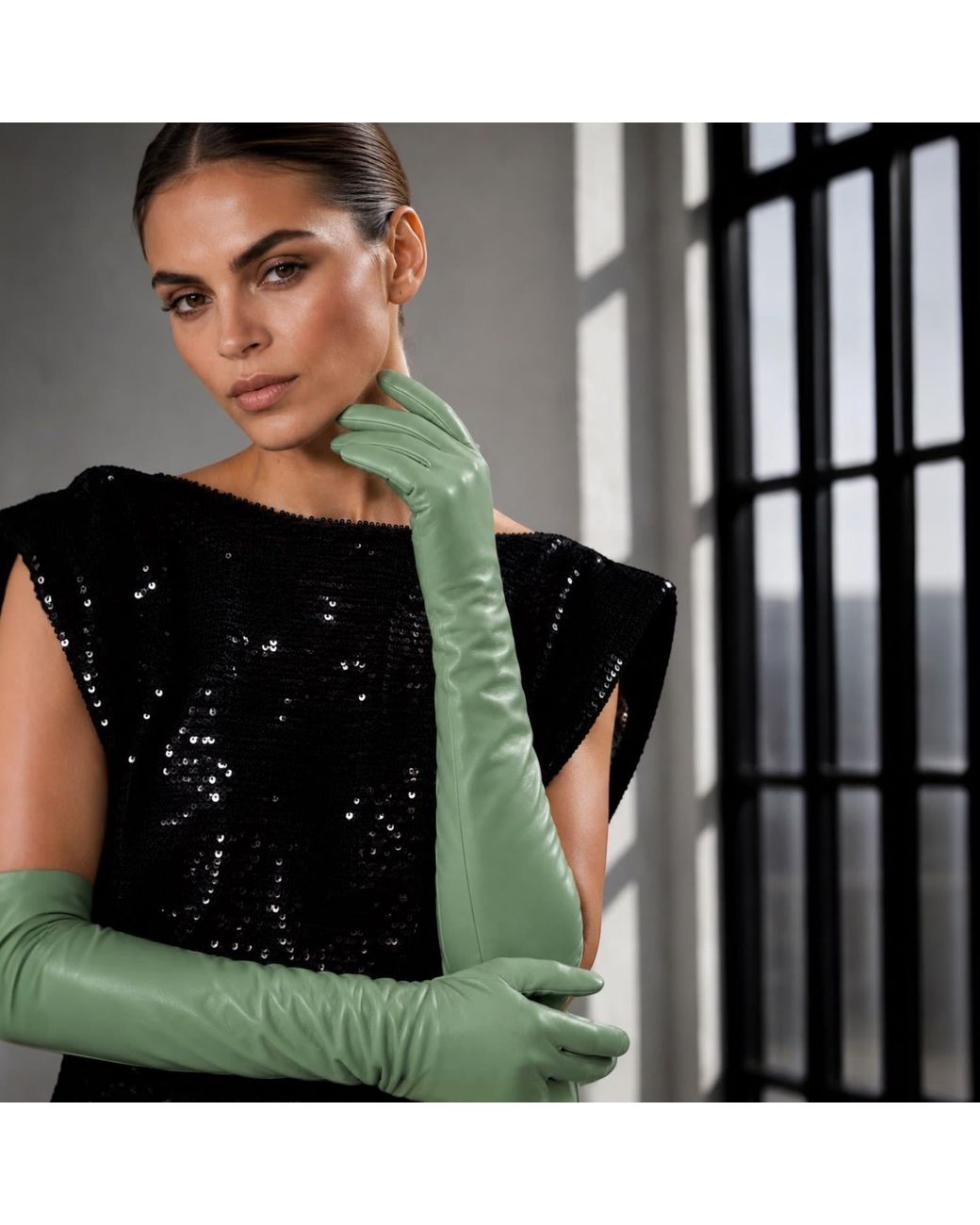 HIGH HEEL JUNGLE by KATHRYN EISMAN Green Milana Opera-Length Leather Gloves