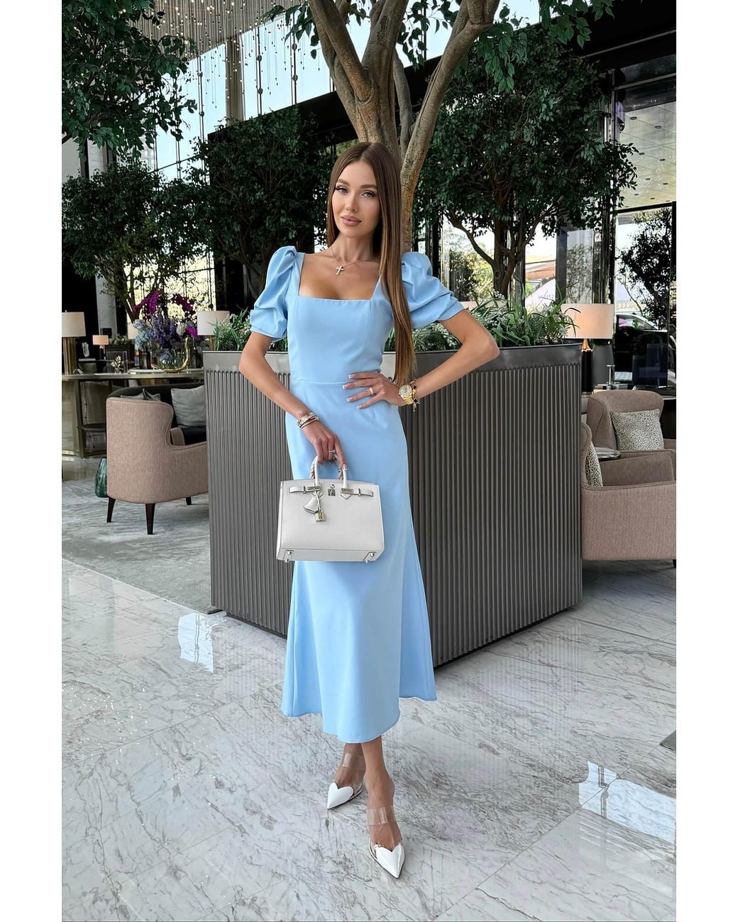 POST MERIDIEM Blue Light Godet Silhouette Square Neck Midi Dress
