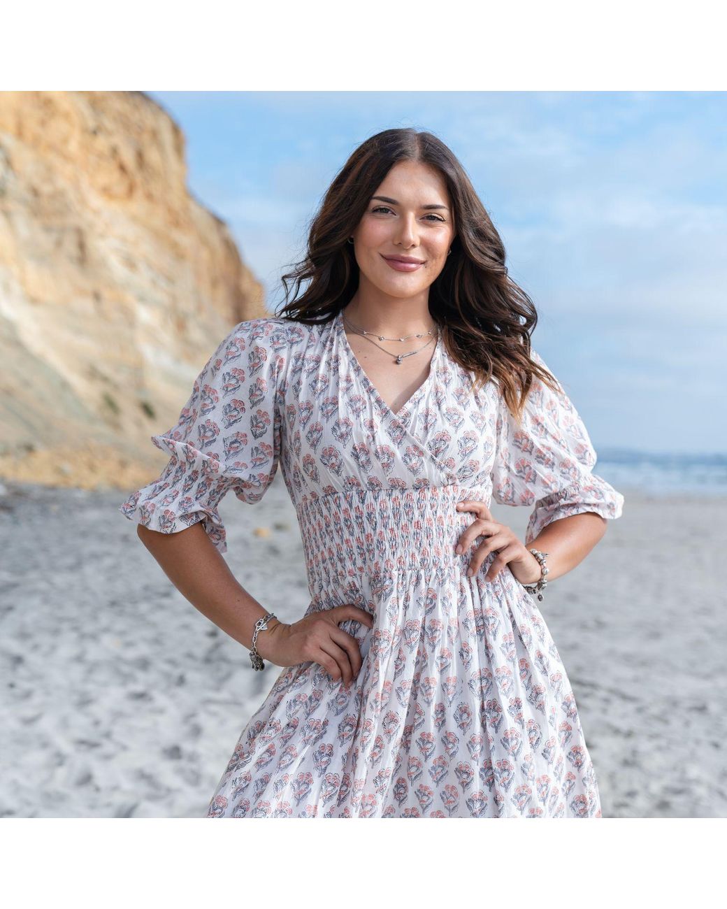 House of Gl Pink Neutrals Lilienne Hand-Block Printed Smocked Midi Dress