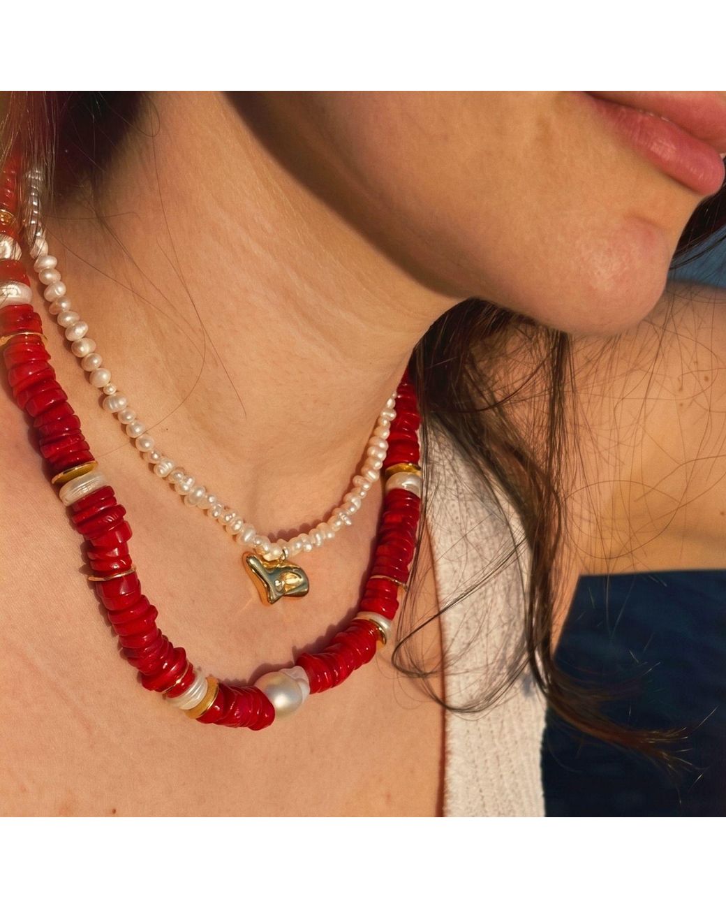 LINYA JEWELLERY Red Baroque Pearl Cylinder Coral Necklace