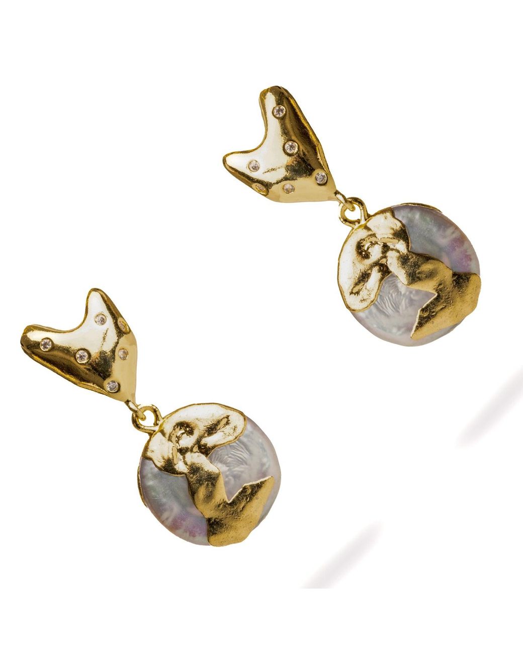 Ebru Jewelry Metallic Love Melted & Diamond Heart Stud Pearl Drop Earrings