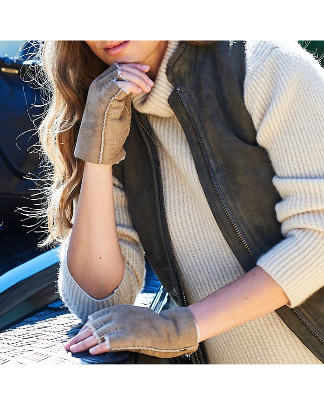 Owen Barry Brown Neutrals Sheepskin Gloves Mojabe Oatmeal Fingerless Gloves
