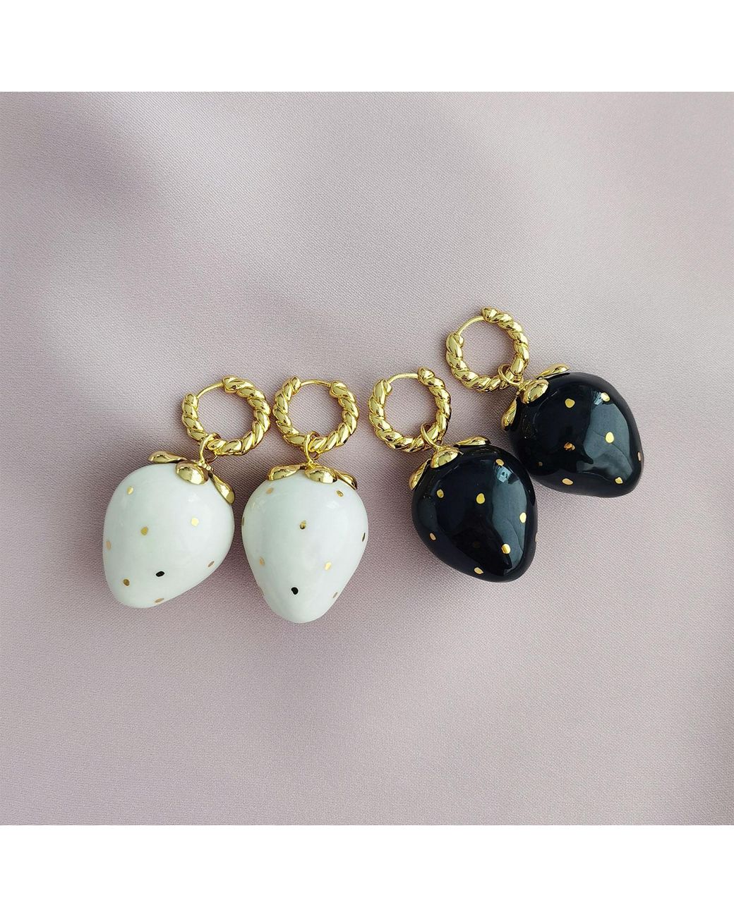 POPORCELAIN Golden Black Porcelain Strawberry Earrings