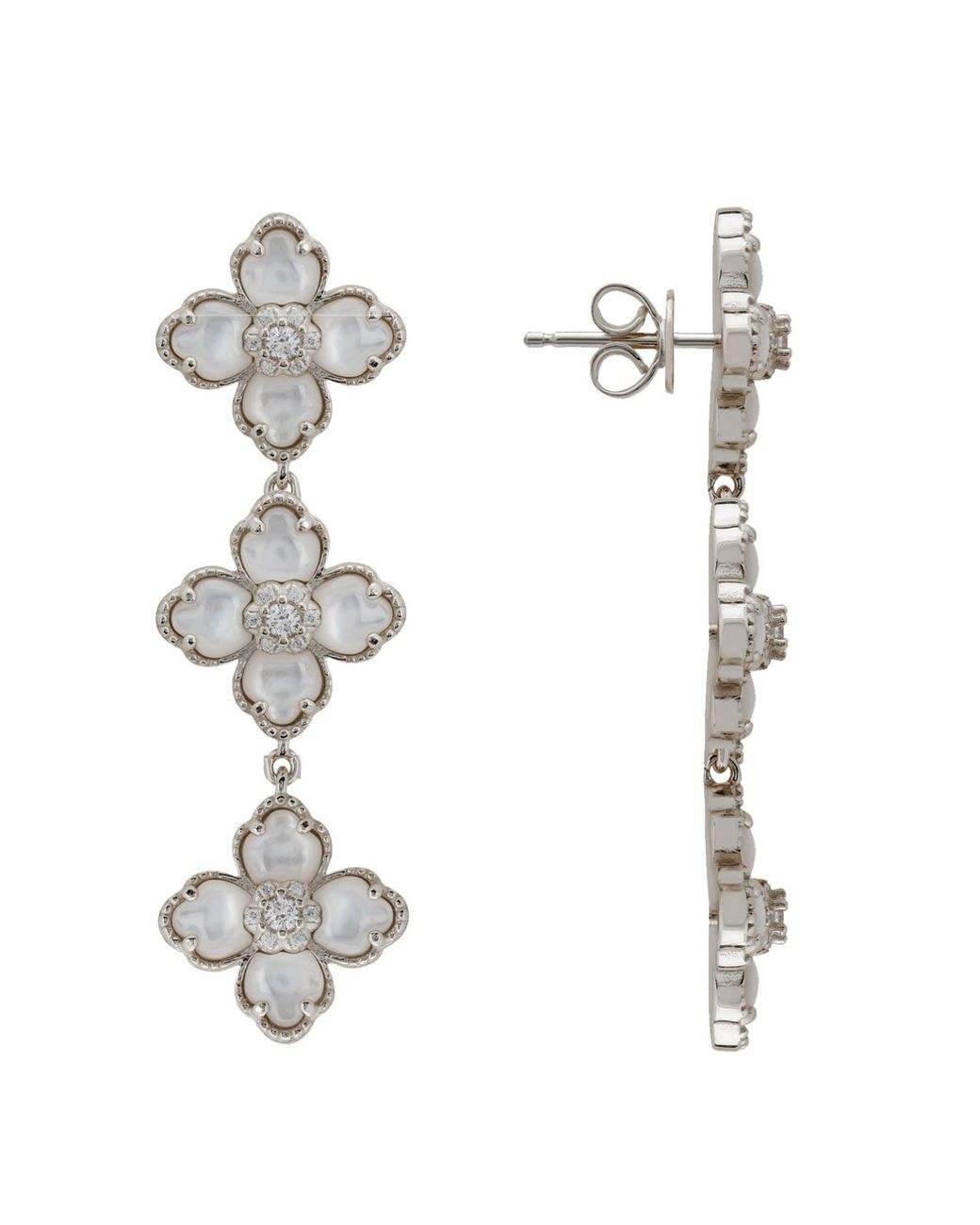 Latelita London White Flower Clover Triple Drop Earrings Mother Of Pearl