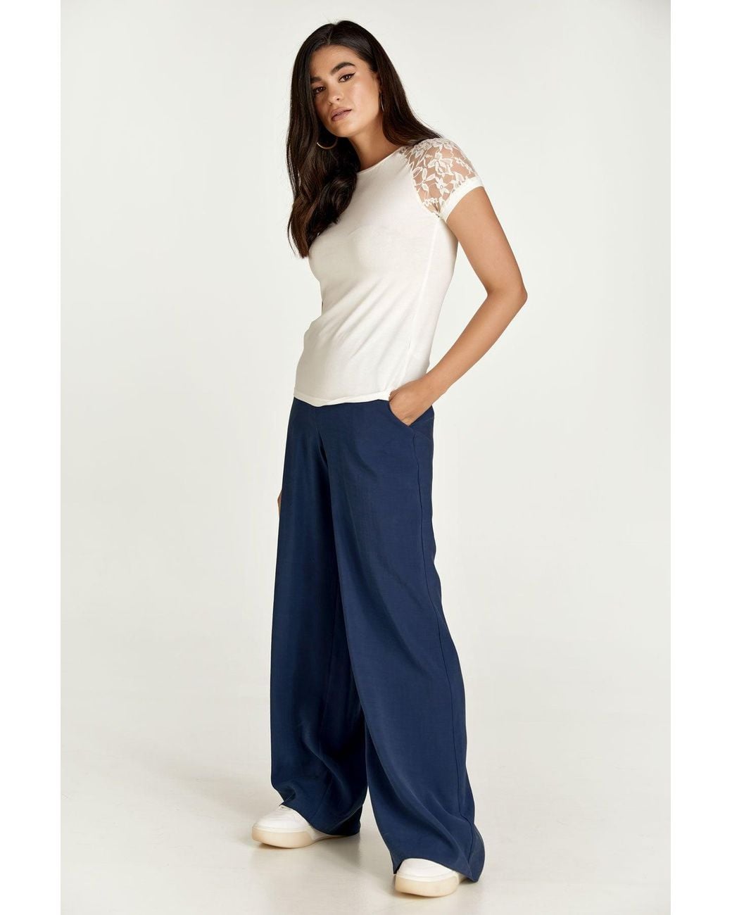 Conquista White Neutrals Ecru Top With Short Lace Sleeves