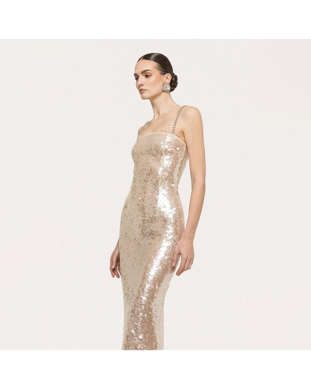 Nissa Natural Neutrals Sequined Midi Dress Cream