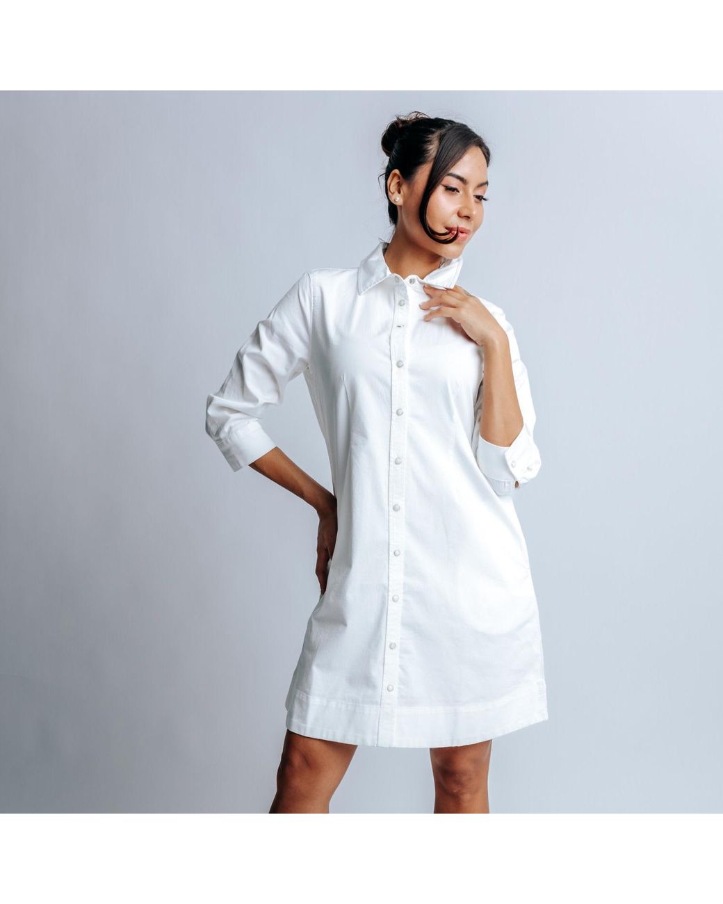 Perlavera Gray Glenn Wash Denim Three Quarter Sleeve Length Slim Fit Mini Dress