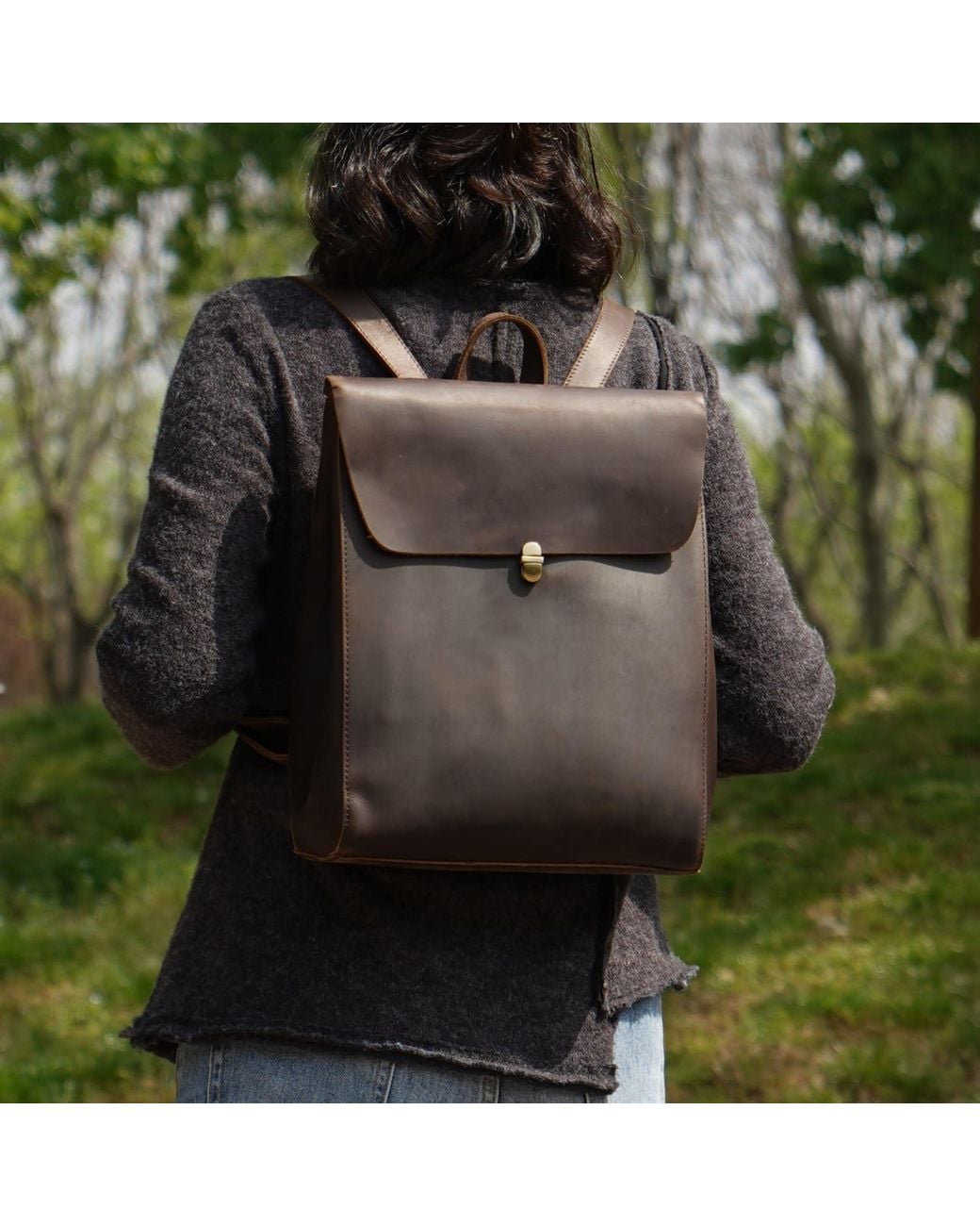 Touri Brown Handmade Worn Look Genuine Leather Slim Backpack