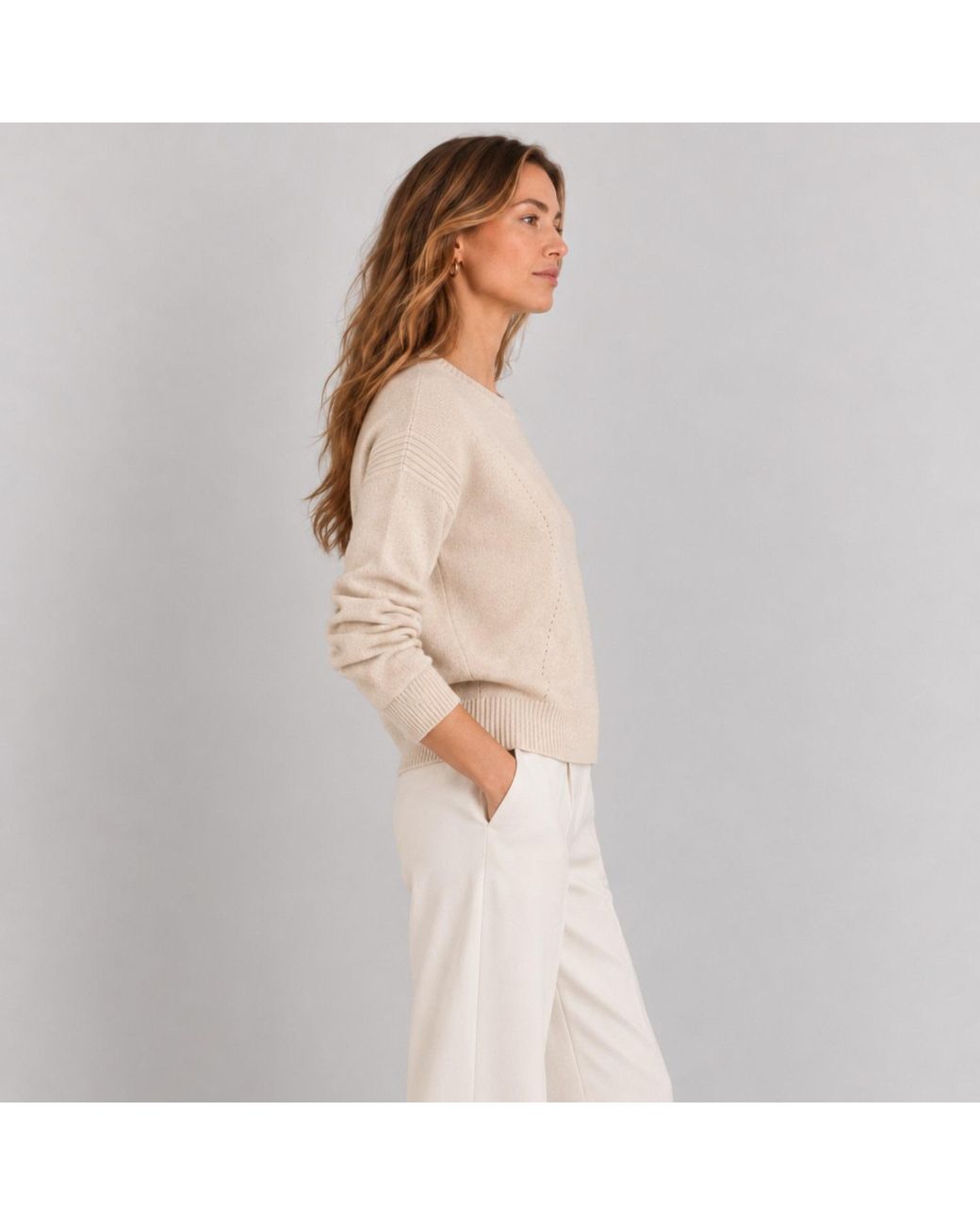 Nuvv Collection Natural Neutrals Cashmere-Wool Blend Round Necked Knit Sweater
