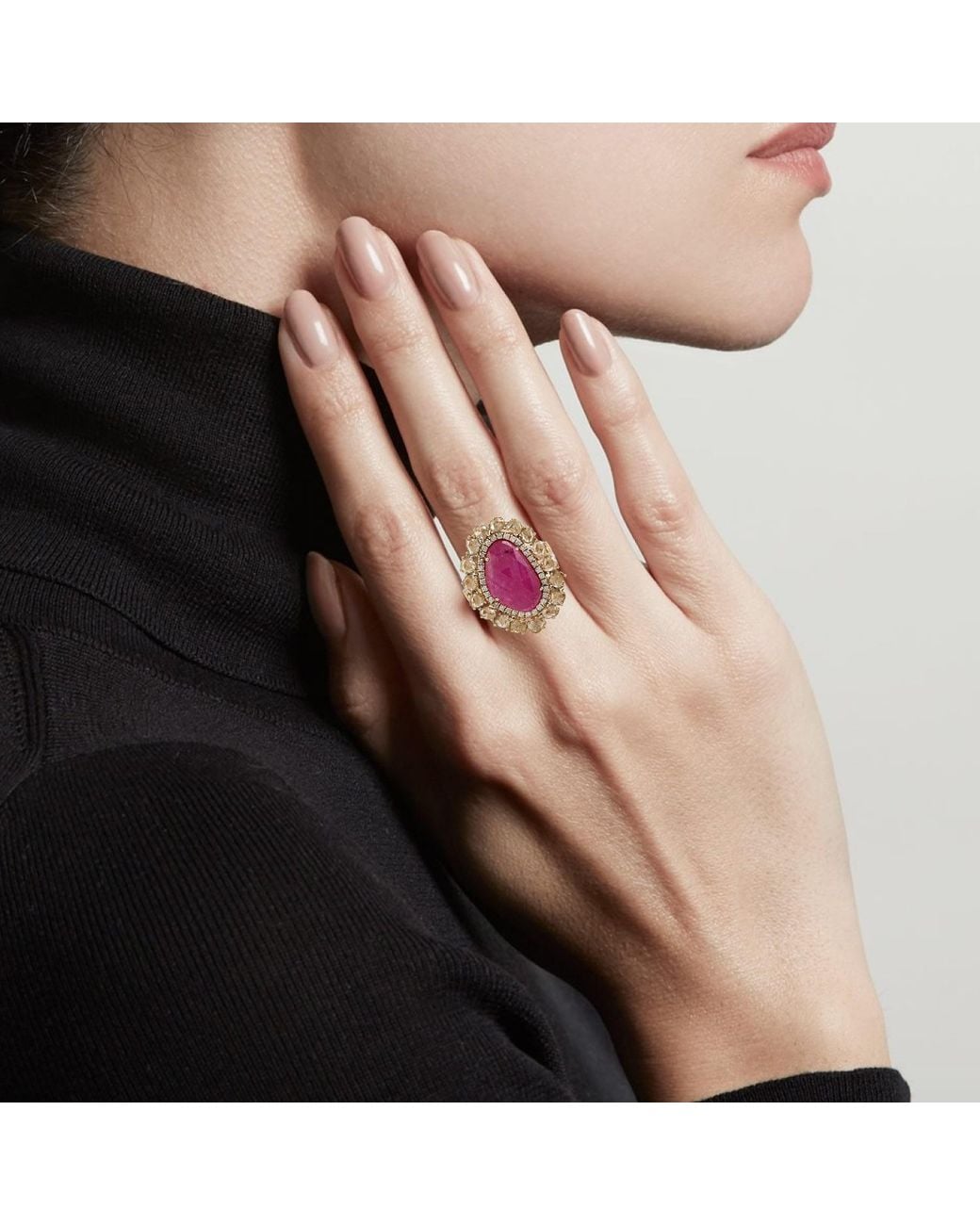 Artisan Pink 18K Oval Ruby Ring With Ice Diamond Halo & Split Shank