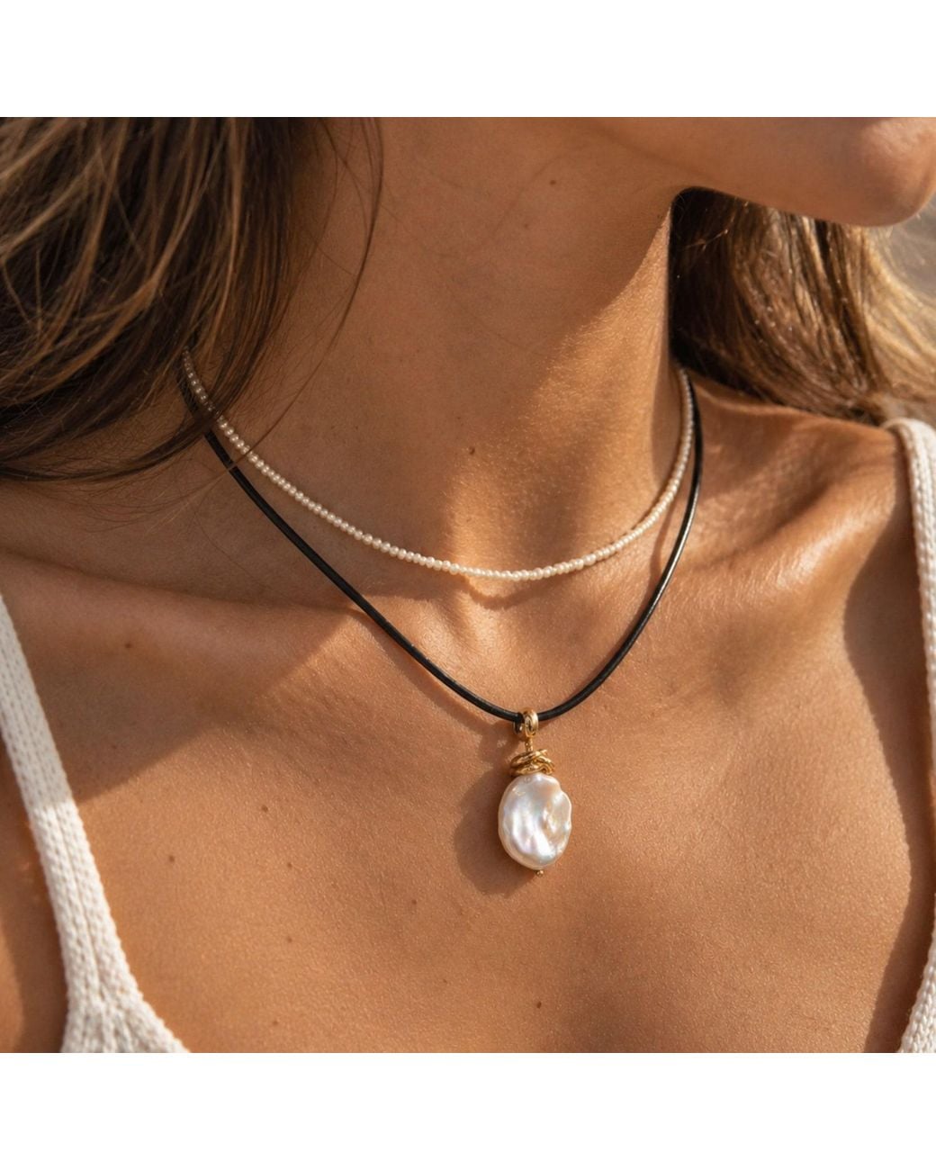 Lalinde Metallic Neutrals Sea Of Pearl Leather Necklace
