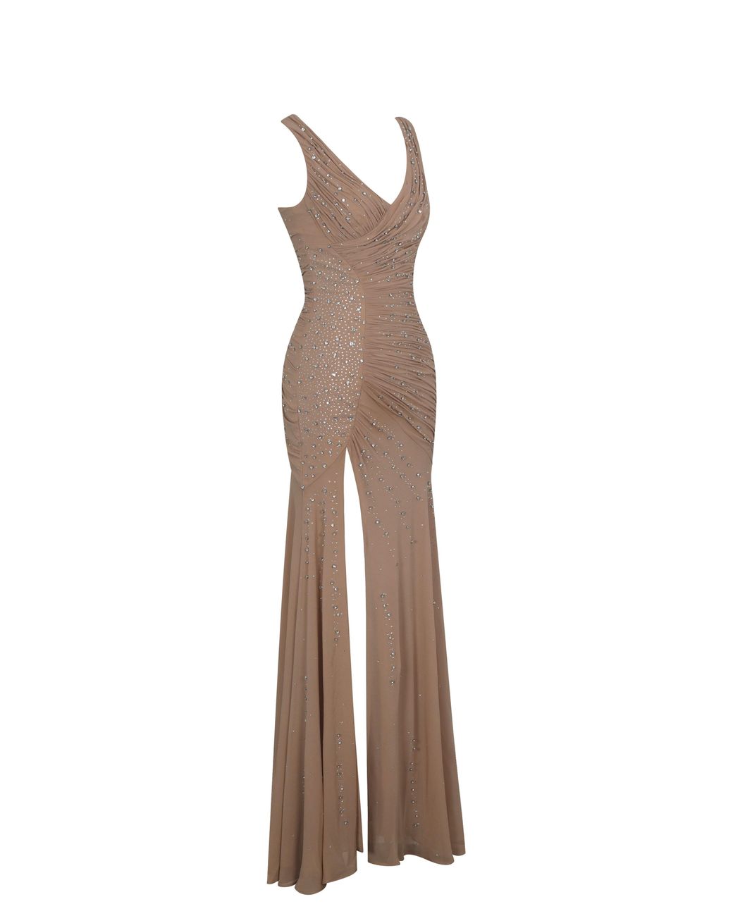Miss Circle New York Brown Neutrals Viveca Apricot Crystal-Embellished Asymmetrical Ruched Maxi Dress