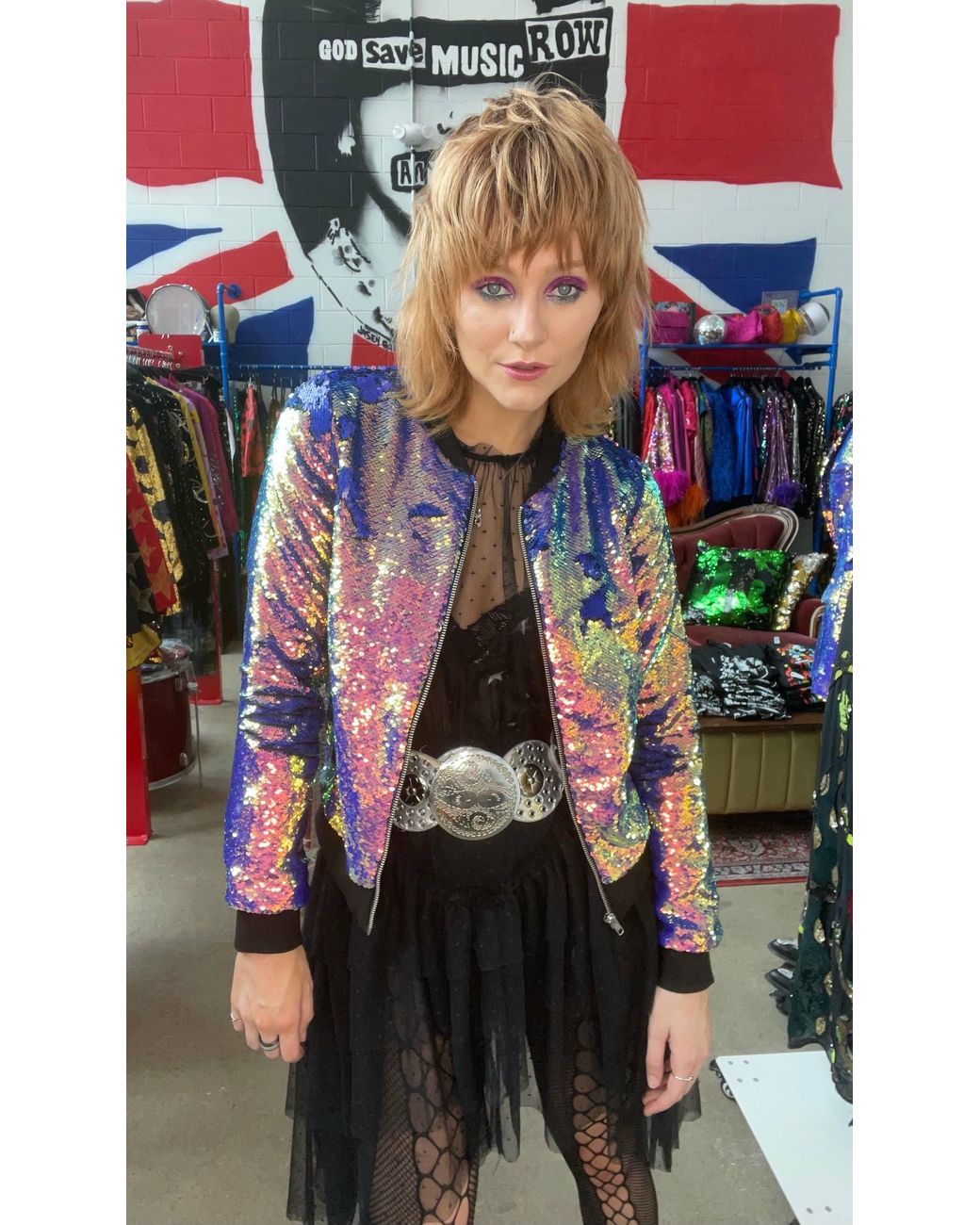 Any Old Iron Blue Oil Slick Sequin Bomber Jacket