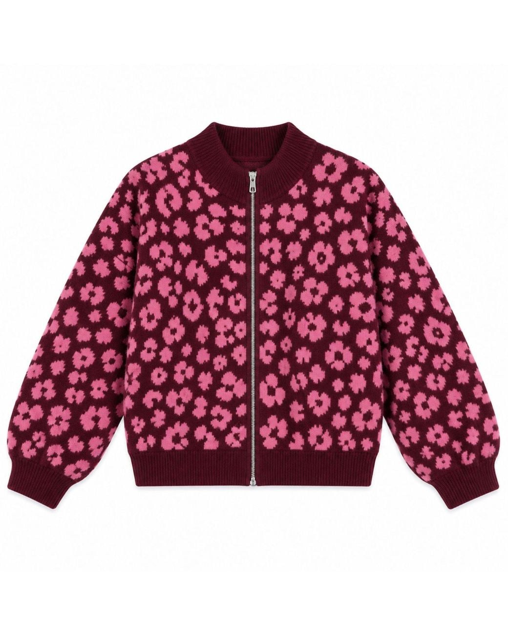 LAtelier London Red Burgundy Floral Knit Cardigan With Ribbed Trims