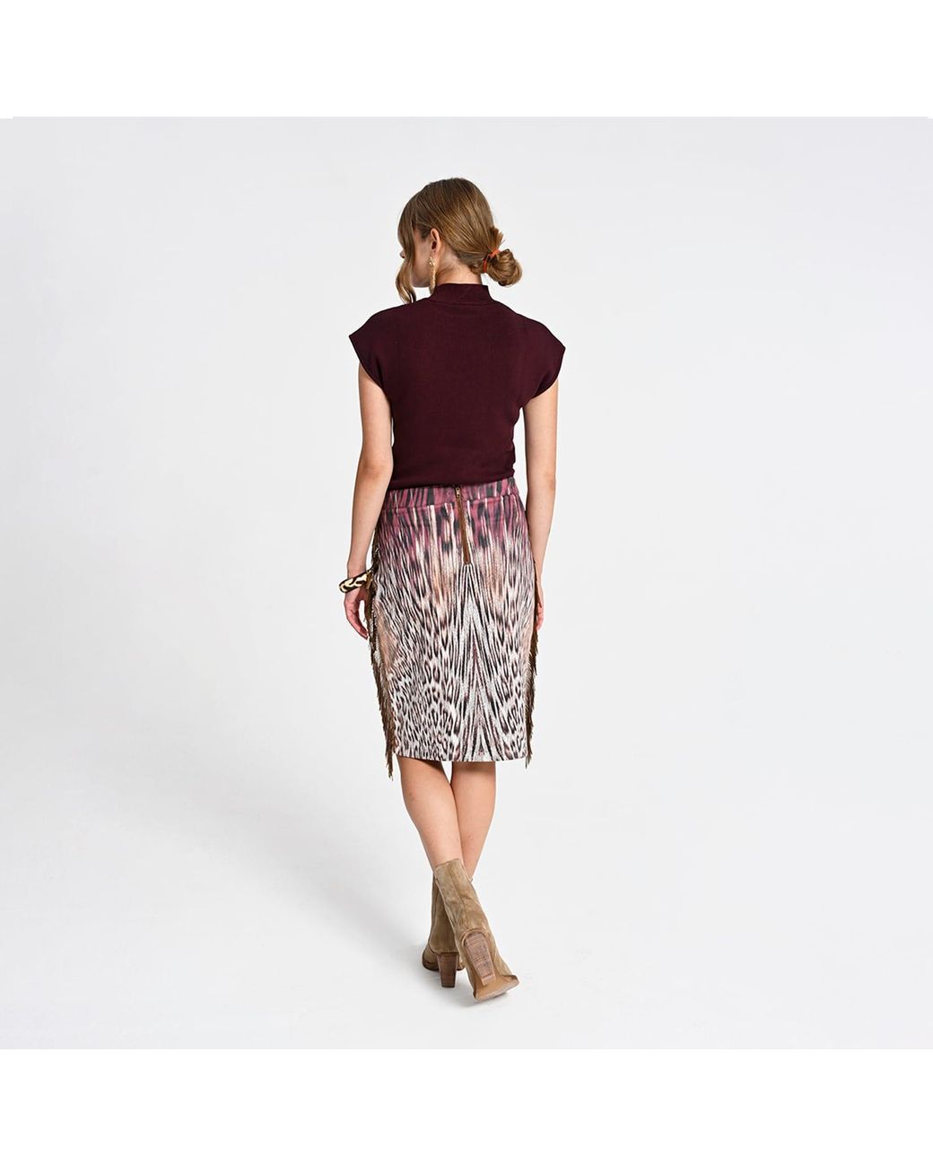 Lalipop Design Purple Pencil Skirt With Animal Print And Fringe Details