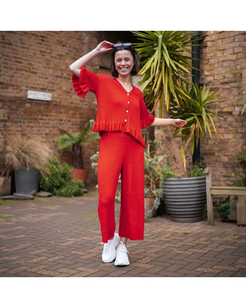 Cara & The Sky Red Marlow Ruffle Co-Ord Short Sleeve Cardigan