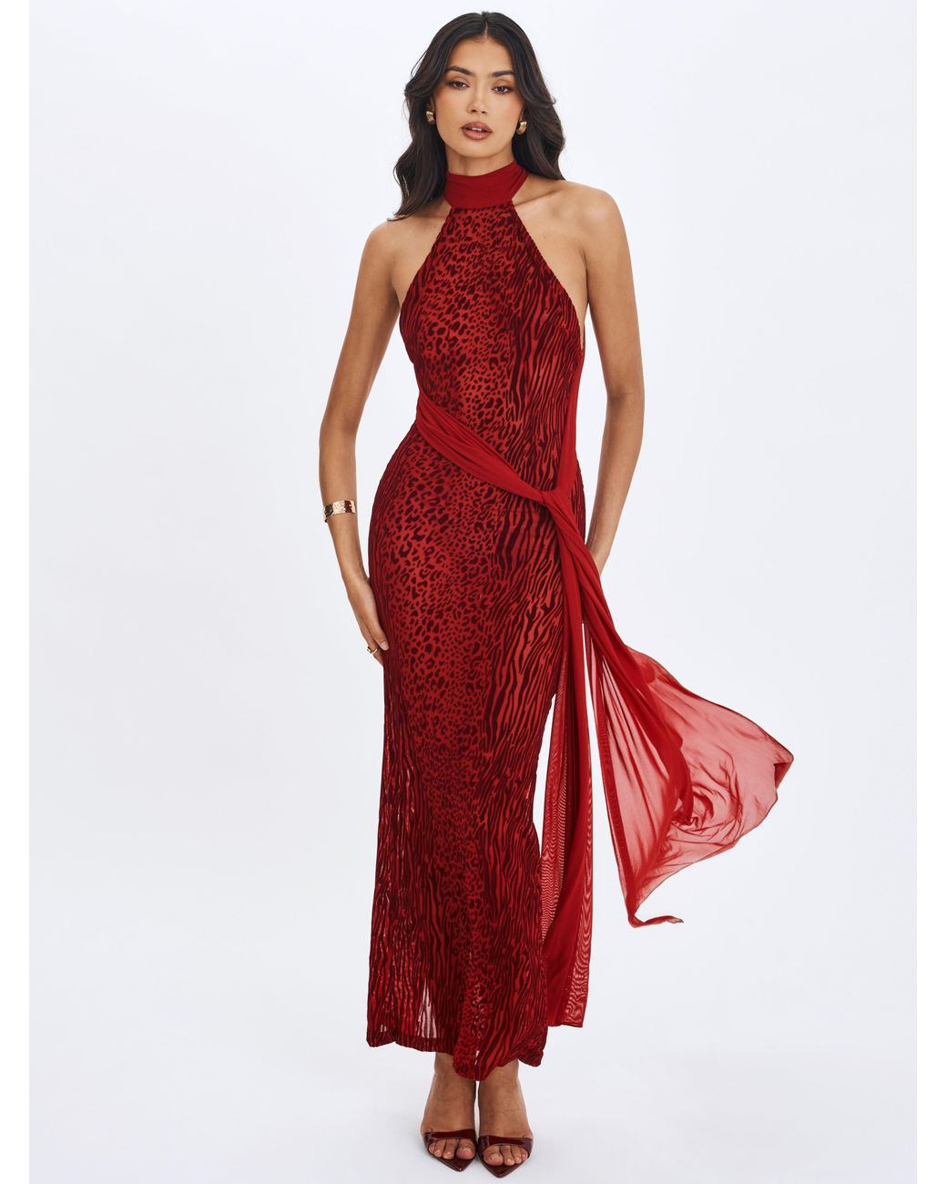 Miss Circle New York Red Cerise Scarlet Burnout Velvet Multiwear Mesh Ribbon Maxi Dress