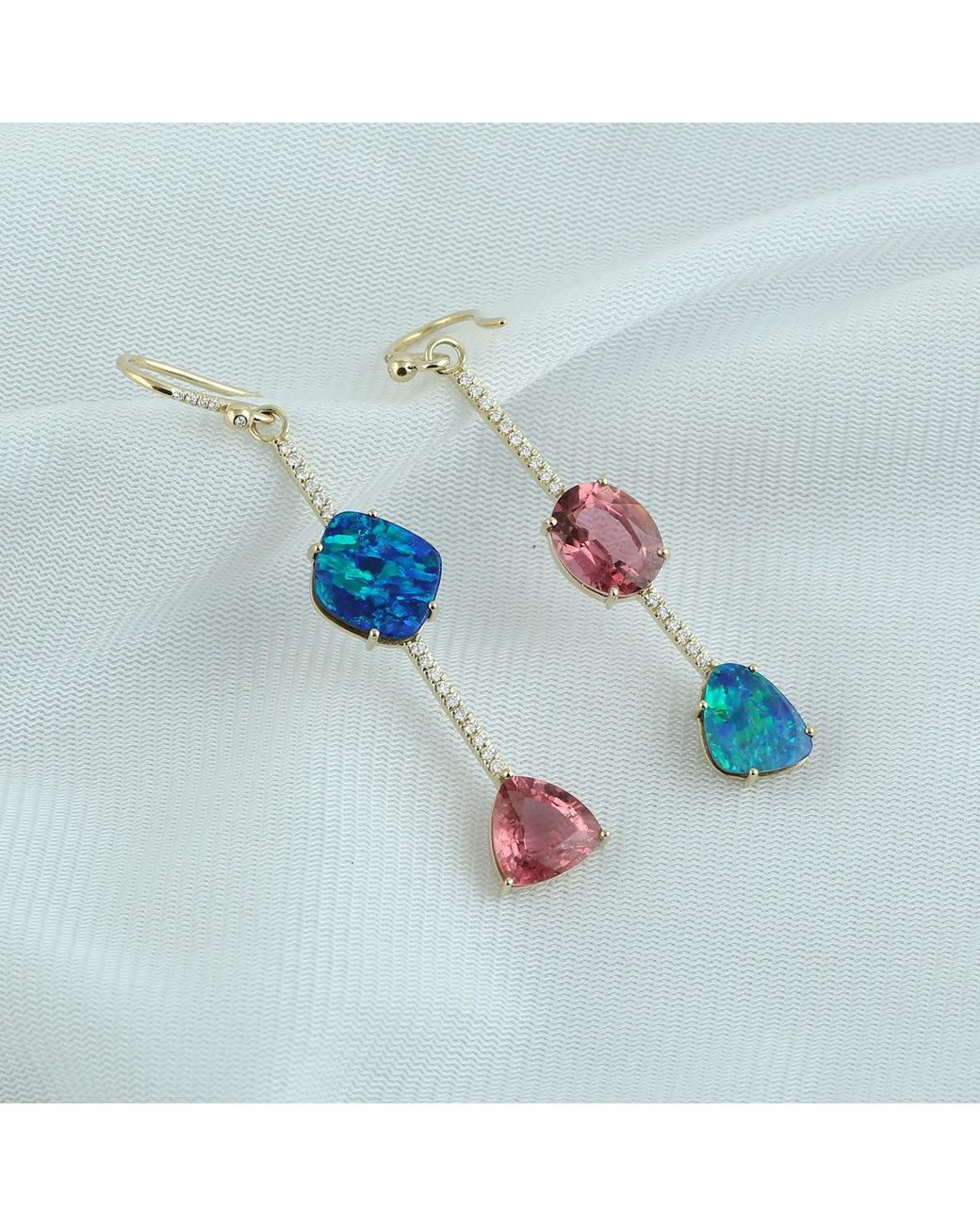 Artisan Blue Tourmaline, Opal & Diamond Drop Earrings