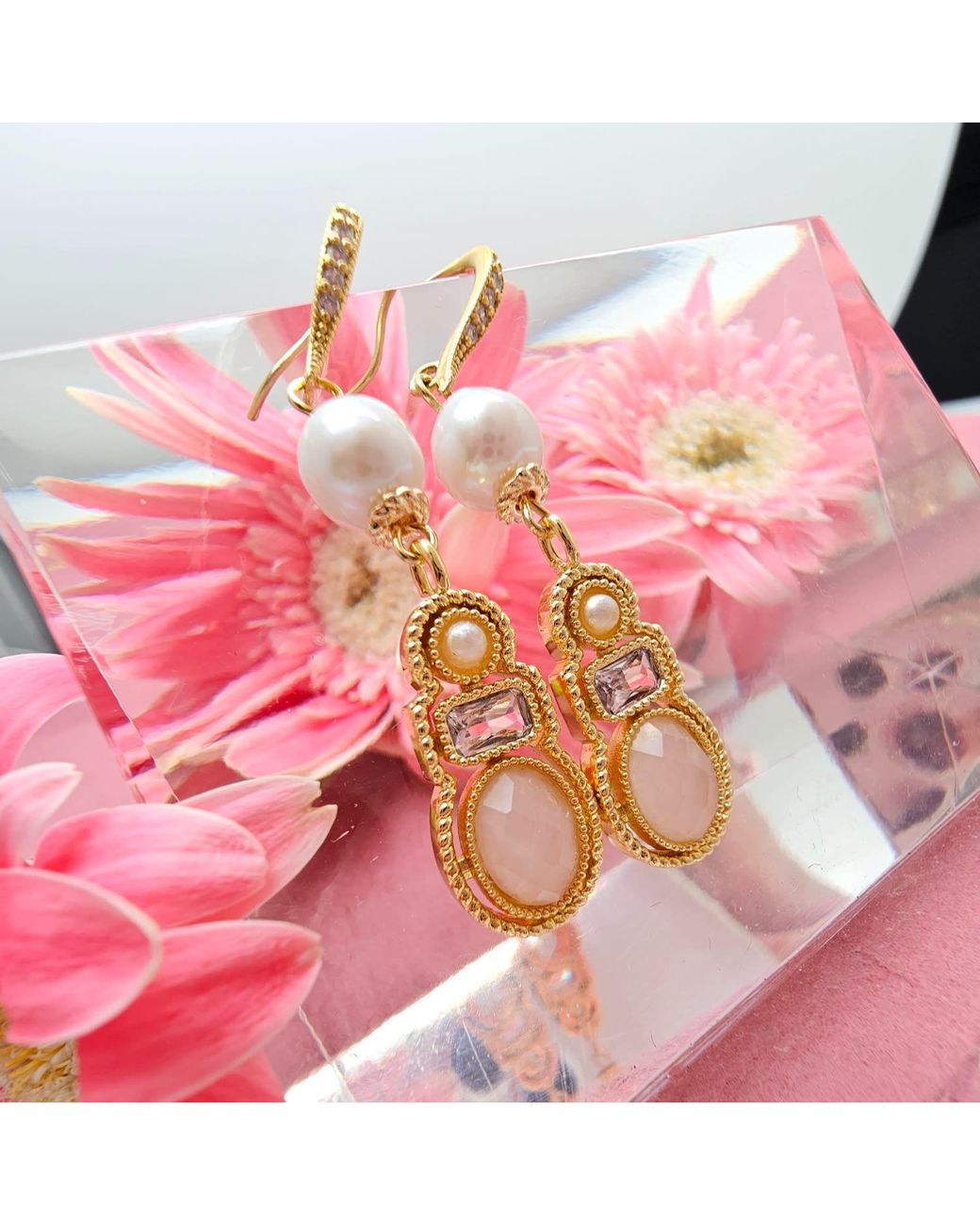 Farra Metallic Bohemian Rose Quartz & Freshwater Pearl Drop Earrings
