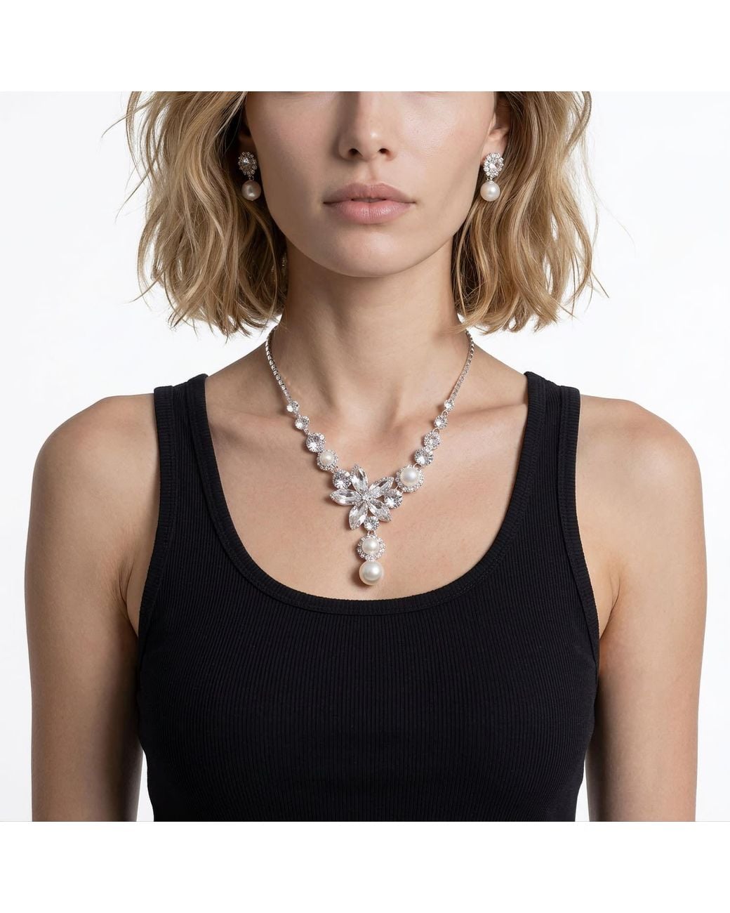 Modenaire Metallic Pearl Drop Necklace And Earrings Set