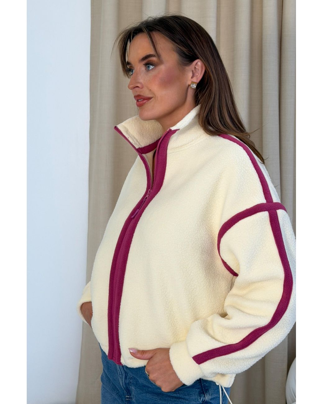 Girl In Mind Pink Lulu Contrast Binding Full Zip Fleece Butter