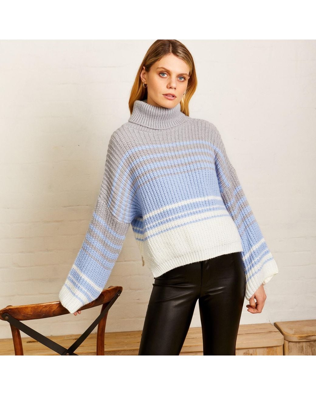 Cara & The Sky Blue Megan Stripe Roll Neck Jumper Silver Grey