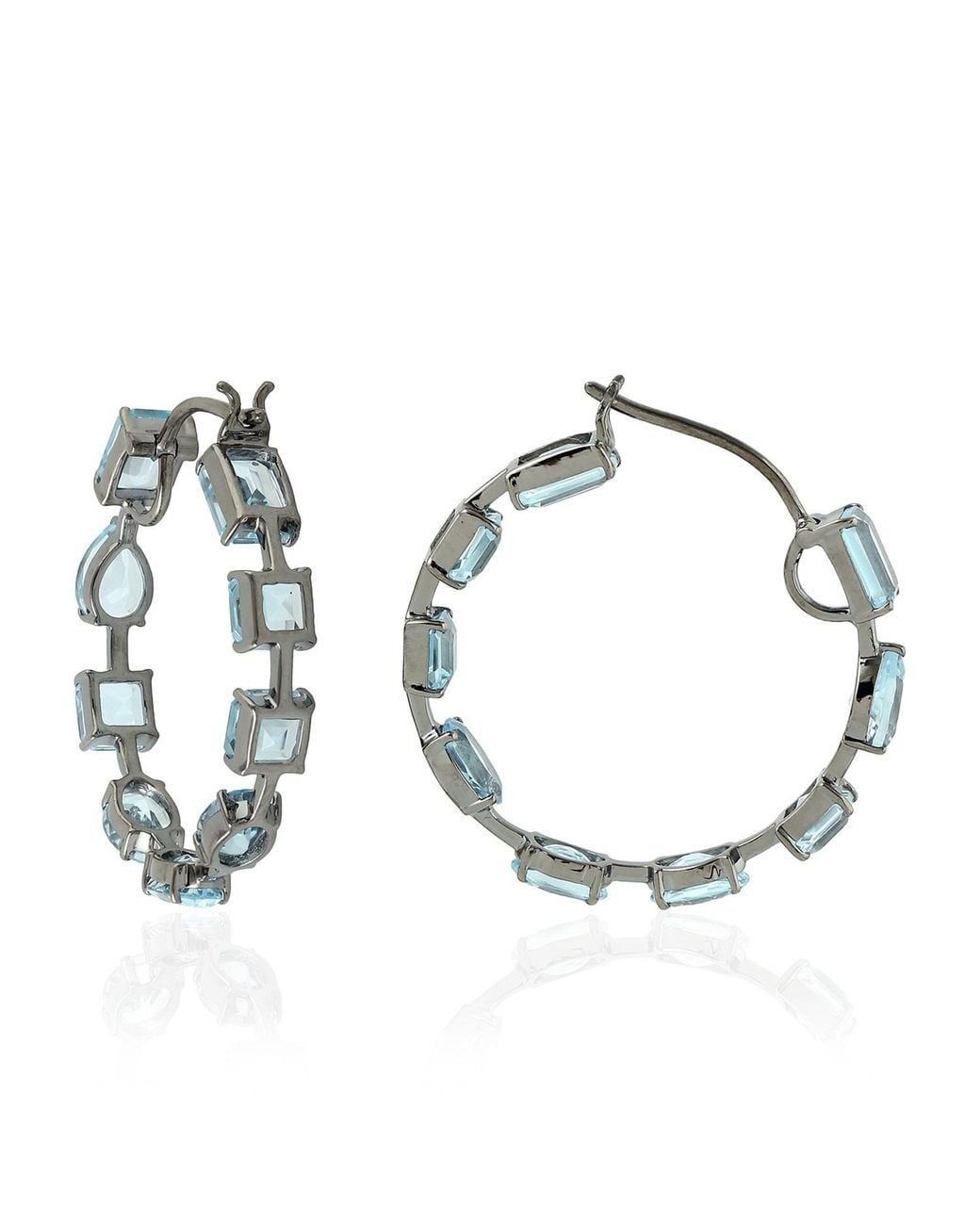 Artisan Solid Gold Blue Topaz Hoop Earrings Gemstone Jewelry