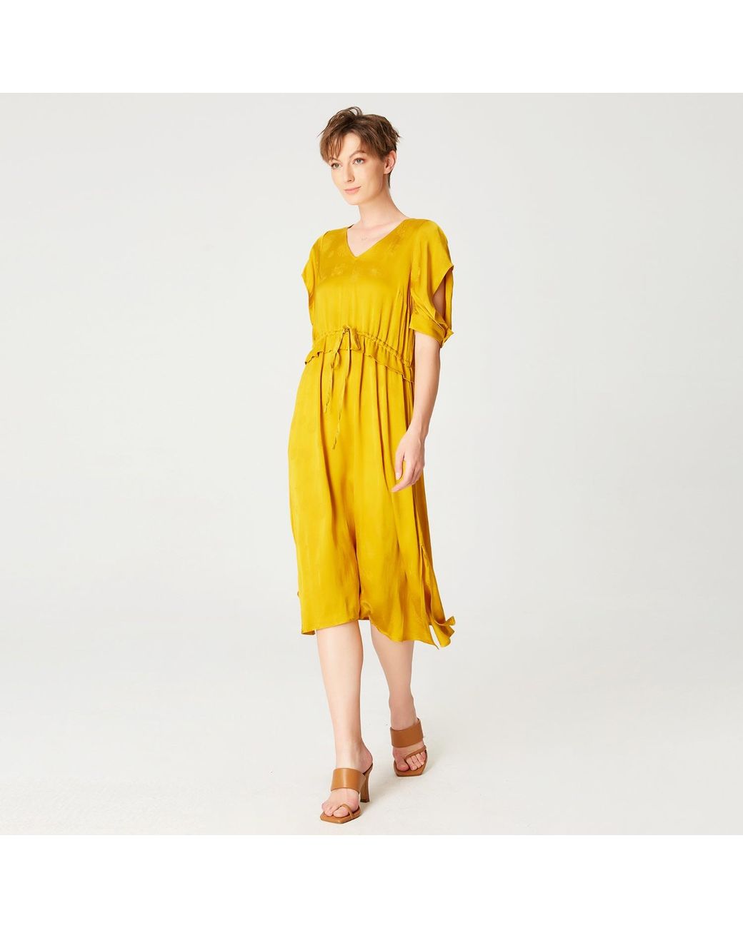 Smart and Joy Yellow V-Neckline Midi Dress With Drawstring Belt
