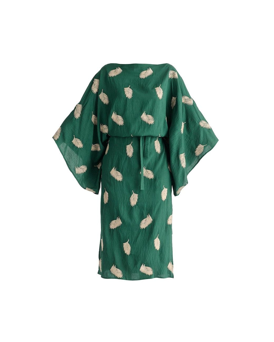 Paisie Green Leaf Embroidered Kimono Sleeves Midi Dress