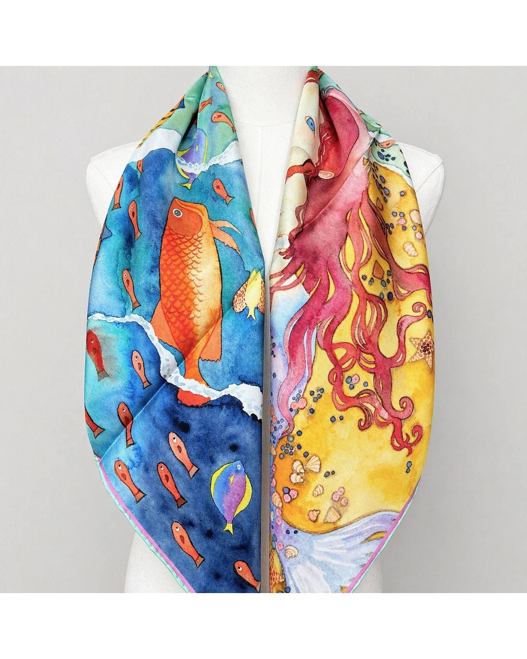 Wenzi Blue Aquatic Serenade Hand Painted Pattern Double Sided Silk Twill Scarf
