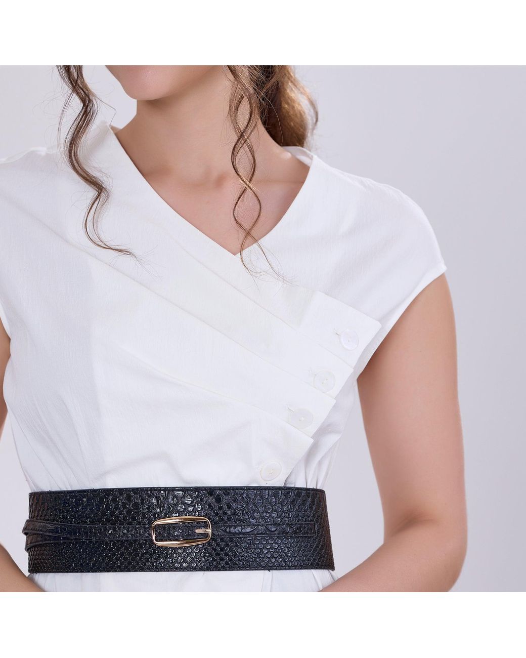 Smart and Joy White Double Breasted Pleated Asymmetric Top