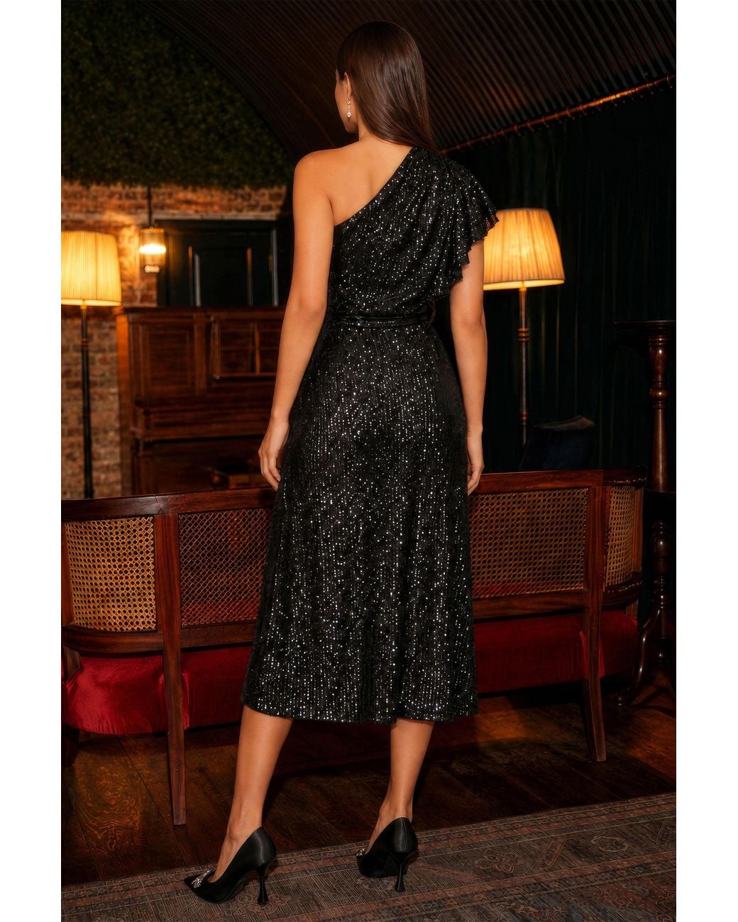 Yumi' Black Sequin One Shoulder Midi Dress
