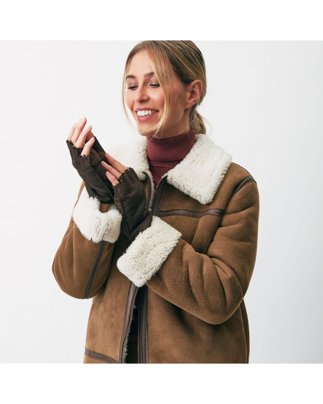 Owen Barry Brown Fingerless Gloves Hurricane Sheepskin British Made