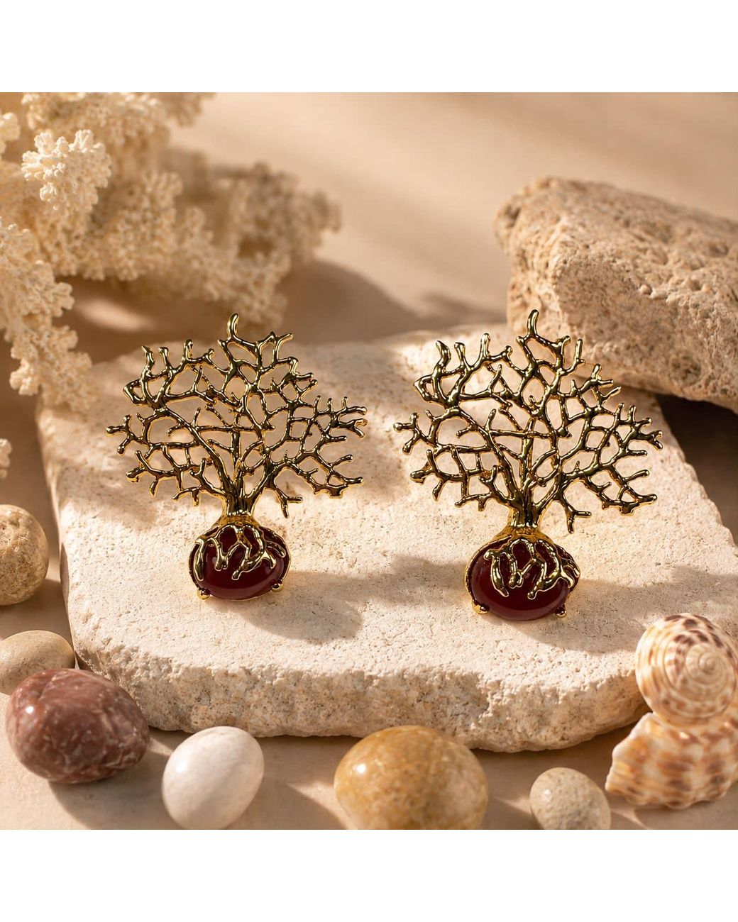 By Ozge Metallic Roots Of Vitality Natural Agate Tree Of Life Plated Earrings