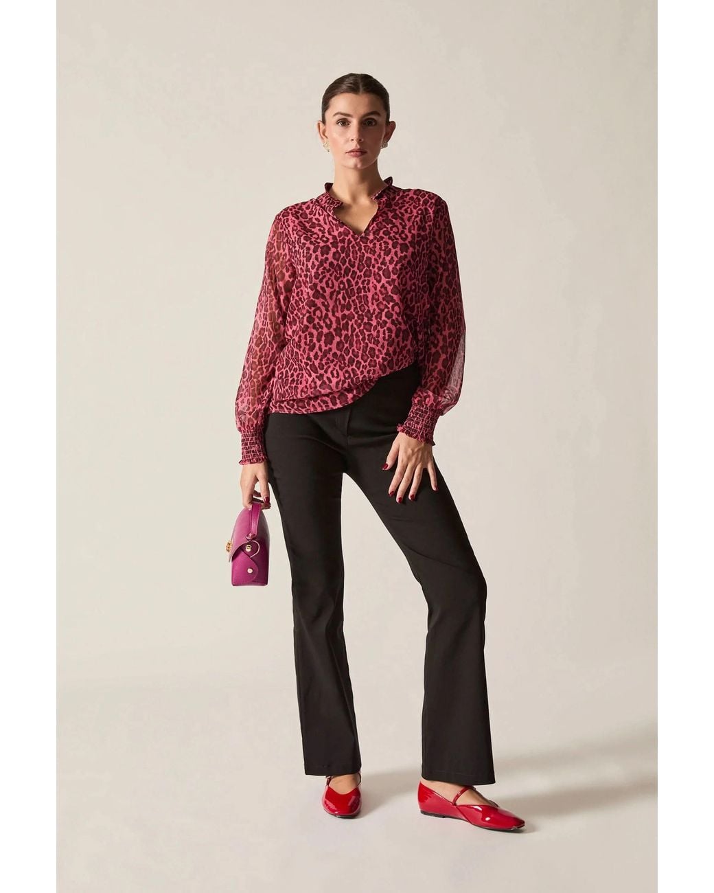 James Lakeland Red Raspberry Leopard-Print Sheer-Sleeve Blouse