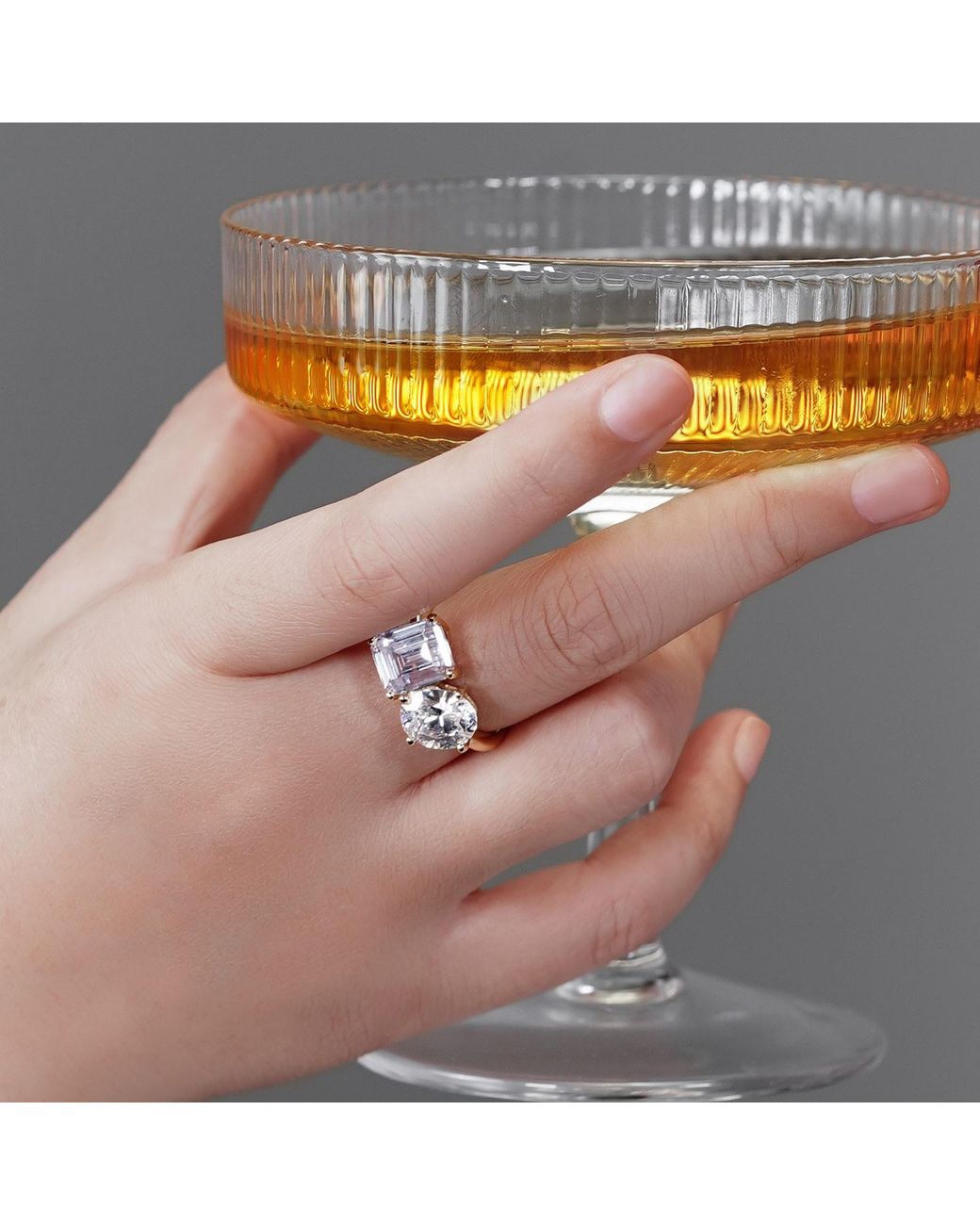 Diamonbliss Metallic Oval & Emerald Cut Two Stones Cocktail Ring