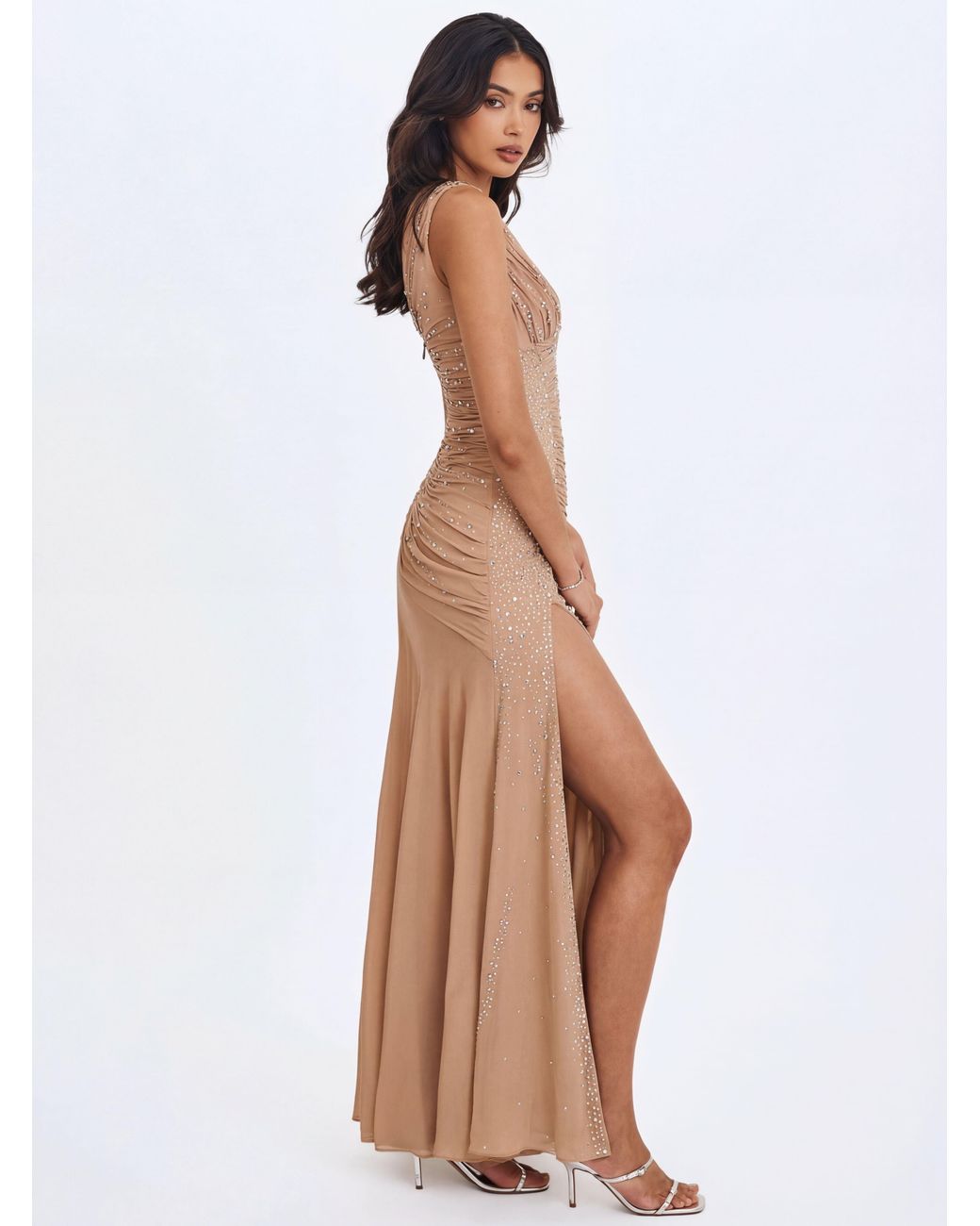 Miss Circle New York Brown Neutrals Viveca Apricot Crystal-Embellished Asymmetrical Ruched Maxi Dress