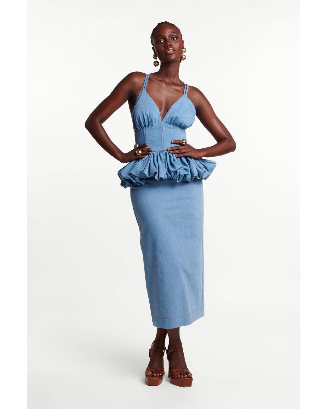 Ofuure Blue Light Denim Adele Peplum Top