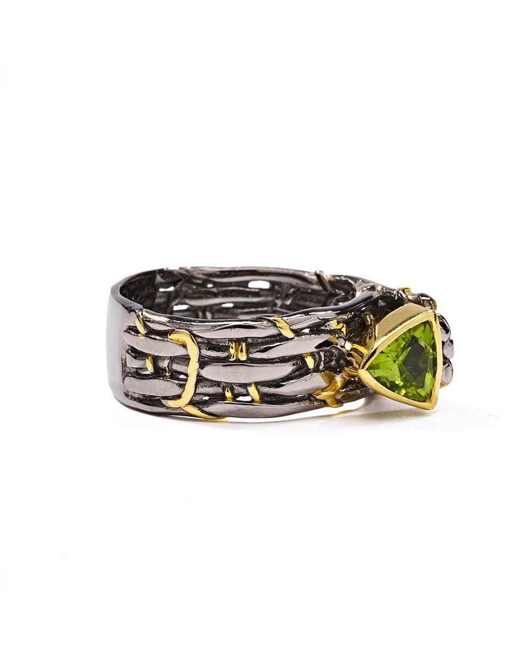 German Kabirski Metallic Nicasia Ring With Trillion Cut Peridot