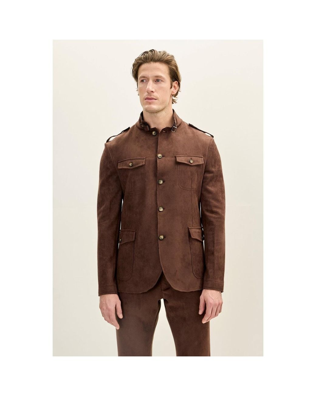Ron Tomson Brown Microsuede Lightweight Safari Jacket for men