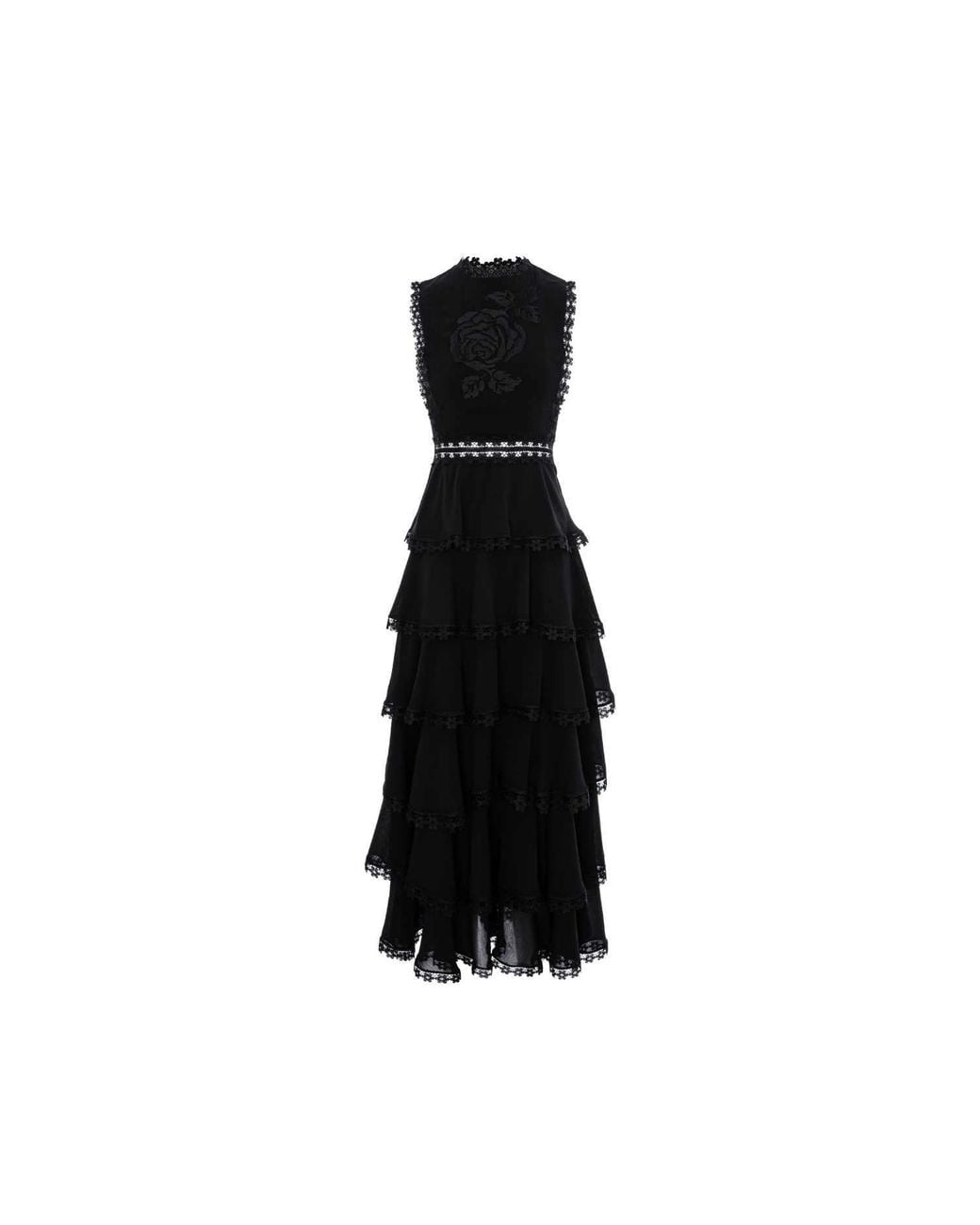 IZABELA MANDOIU Black Viscose Ruffle Midi Dress With Floral Lace