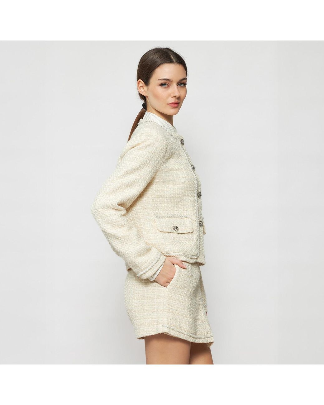 Solgo Atelier White Neutrals Pogonia Crop Tweed Bouclé Jacket With Beaded Trim