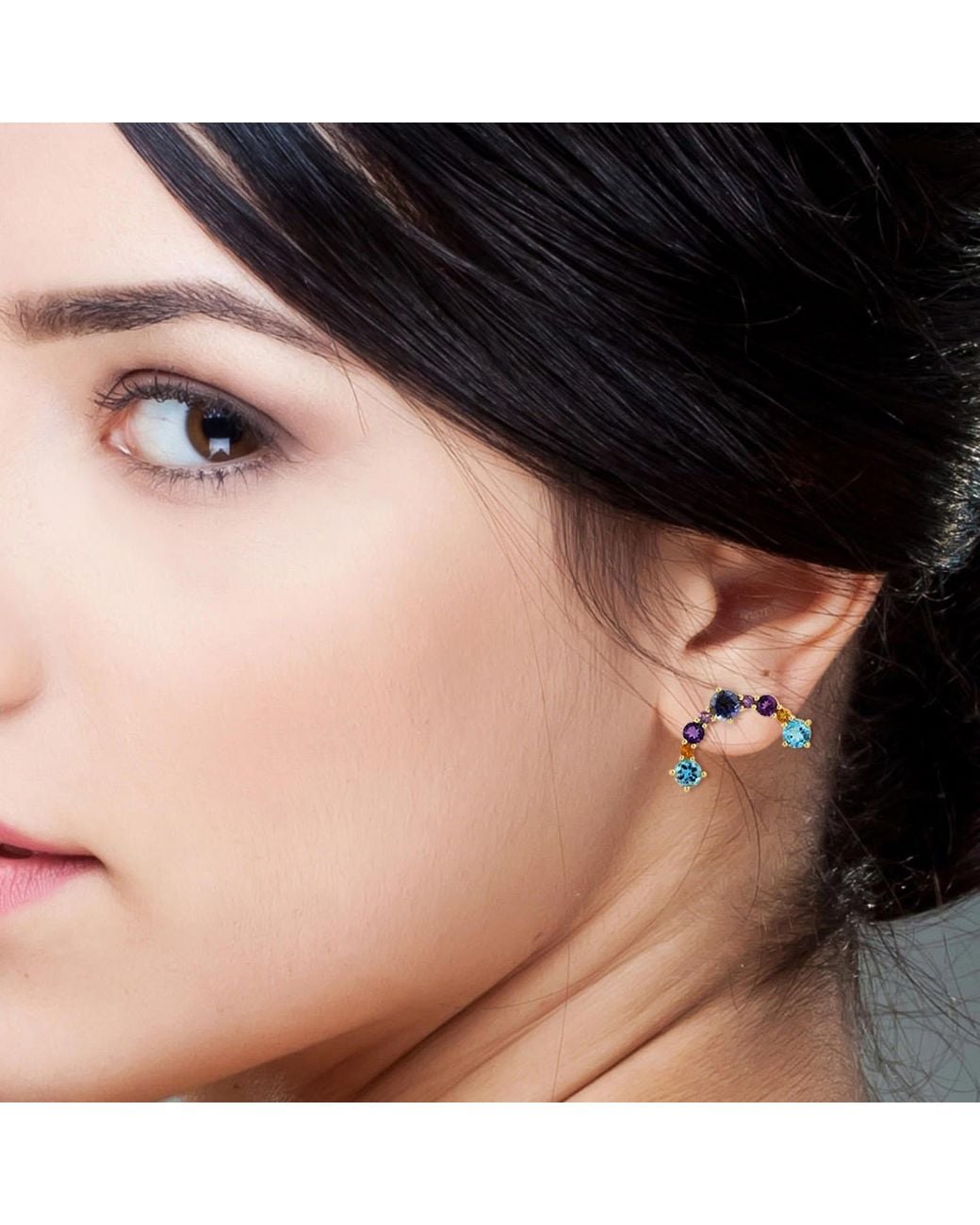 Artisan Blue 18K Multi Gemstone Curved Stud Earrings