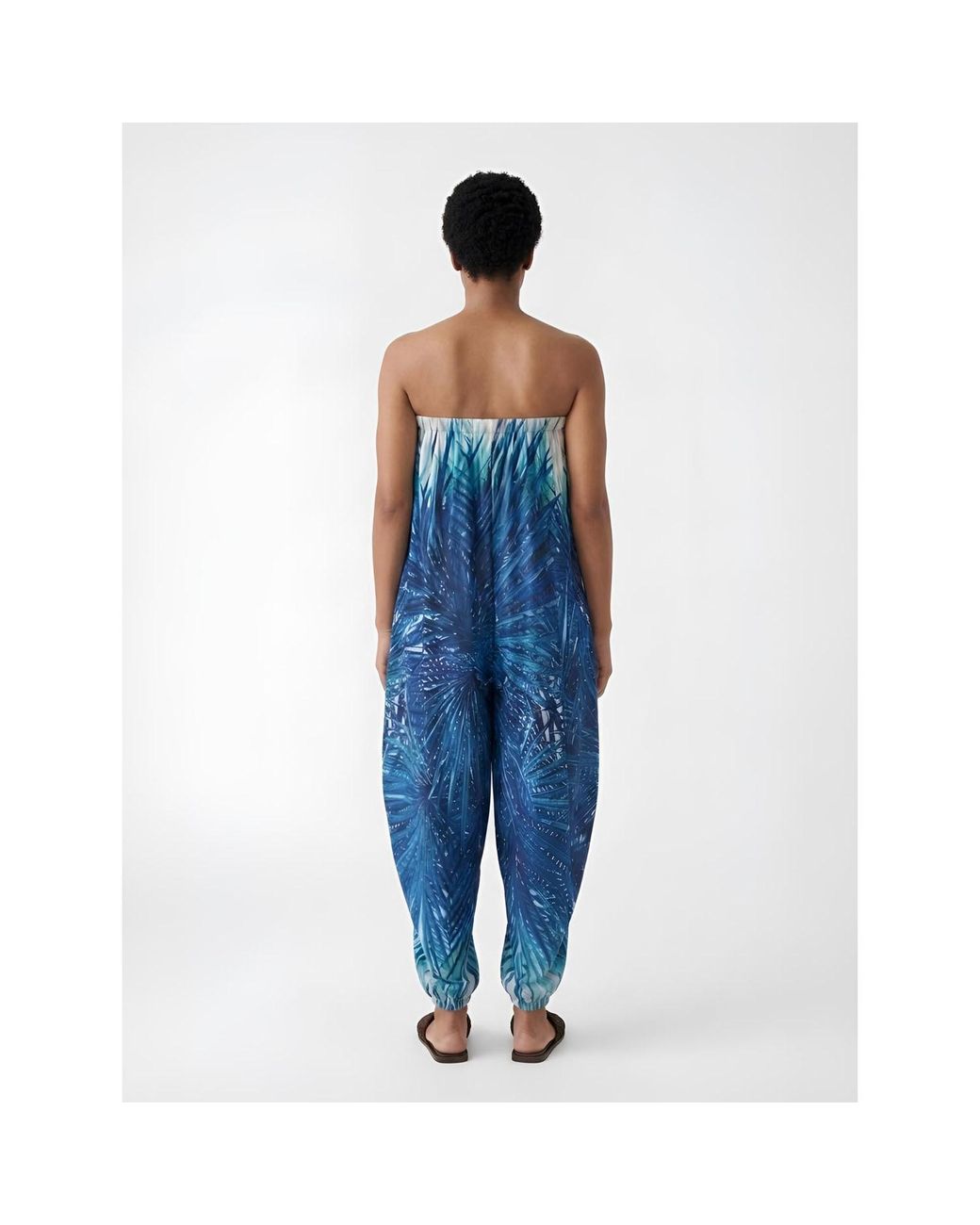 Women & Women Blue Tropical Palm Print Chiffon Jumpsuit