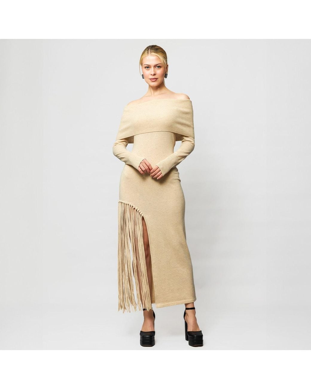 Solgo Atelier Natural Neutrals Peris Off-Shoulder Cashmere Maxi Dress